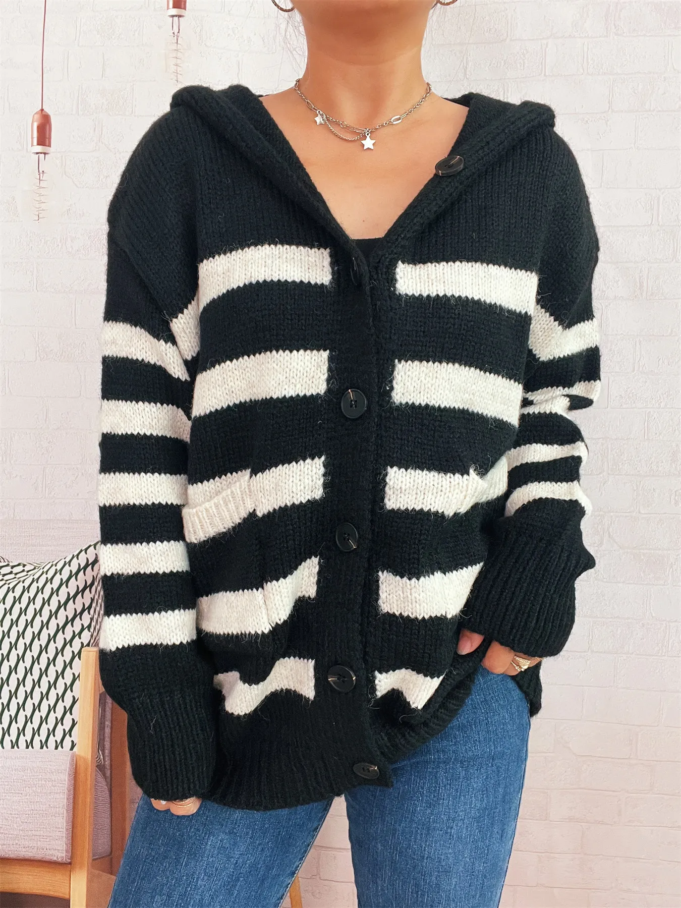Striped Button-Up Hooded Cardigan - Image 8