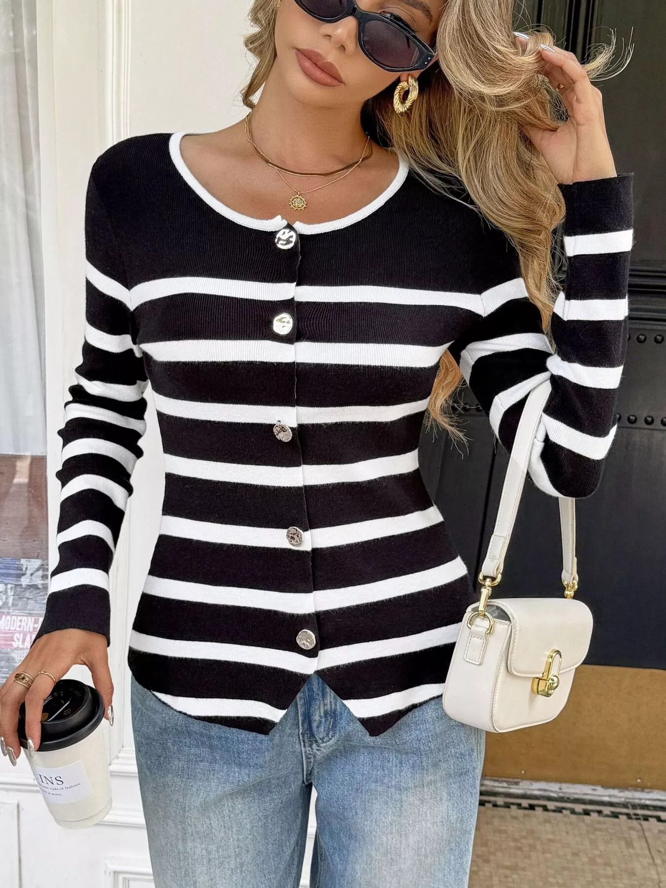 Striped Button-Up Knit Cardigan - Image 7