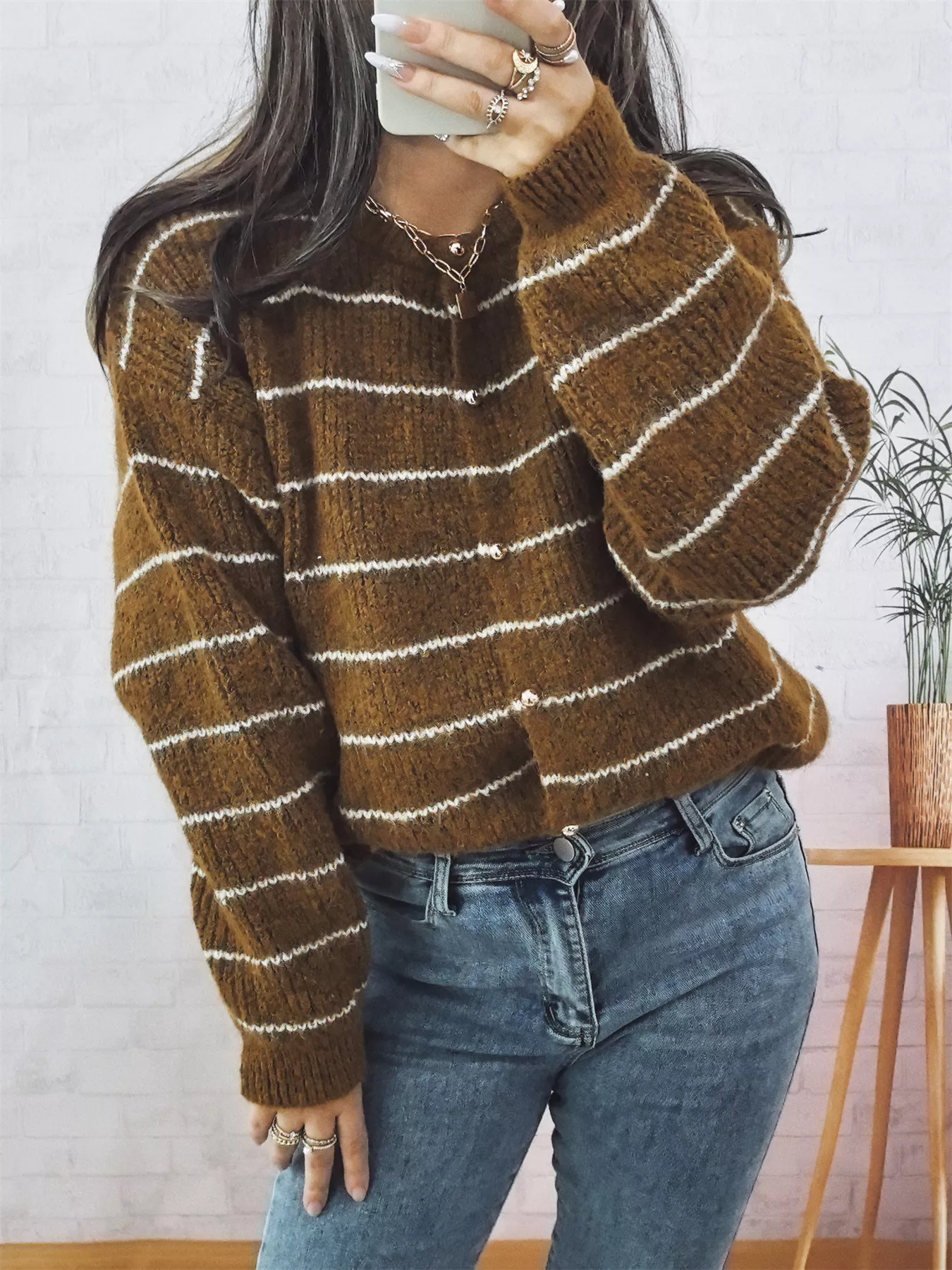 Striped Button Up Long Sleeve Cardigan - Image 12
