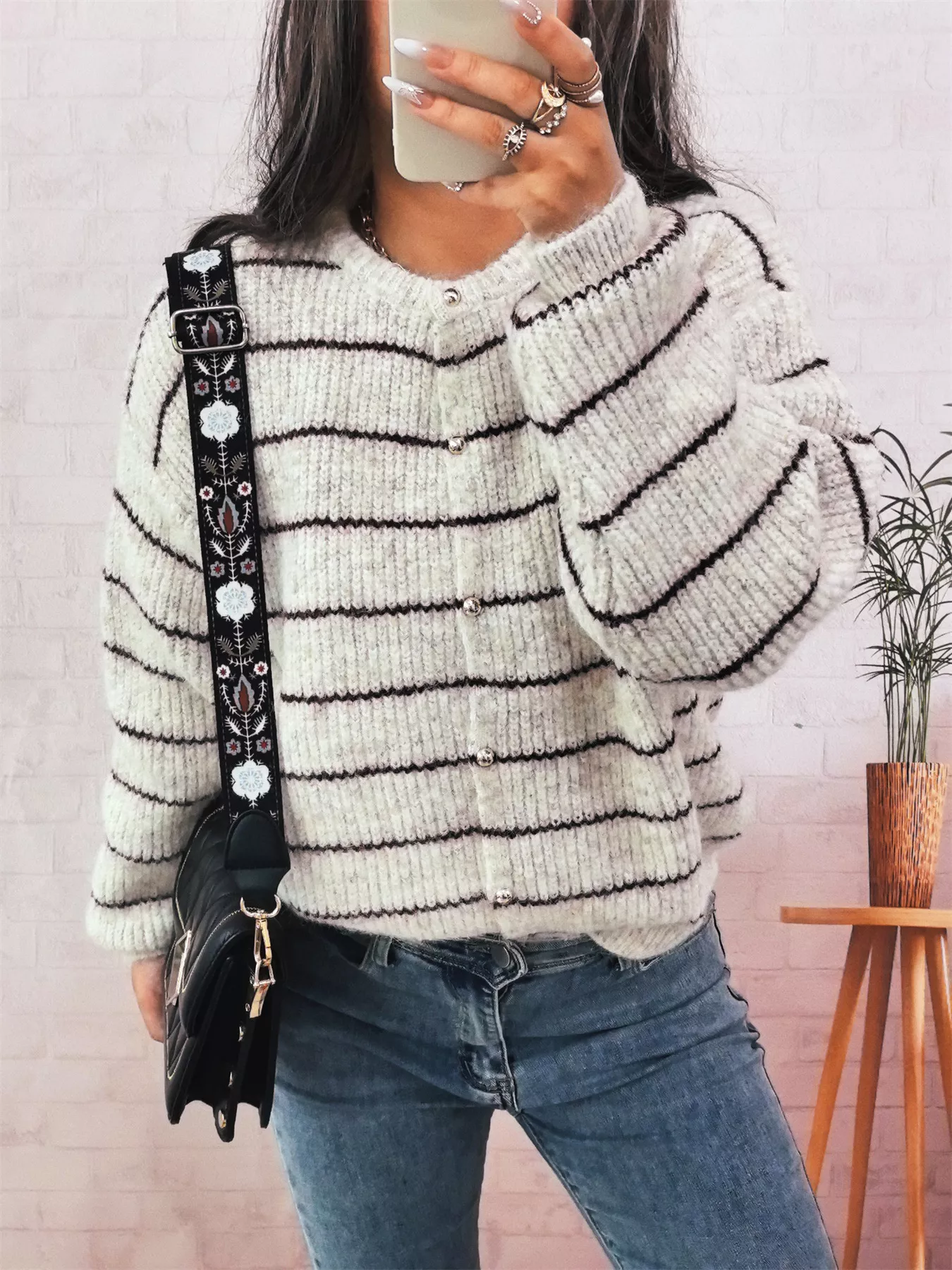 Striped Button Up Long Sleeve Cardigan - Image 2