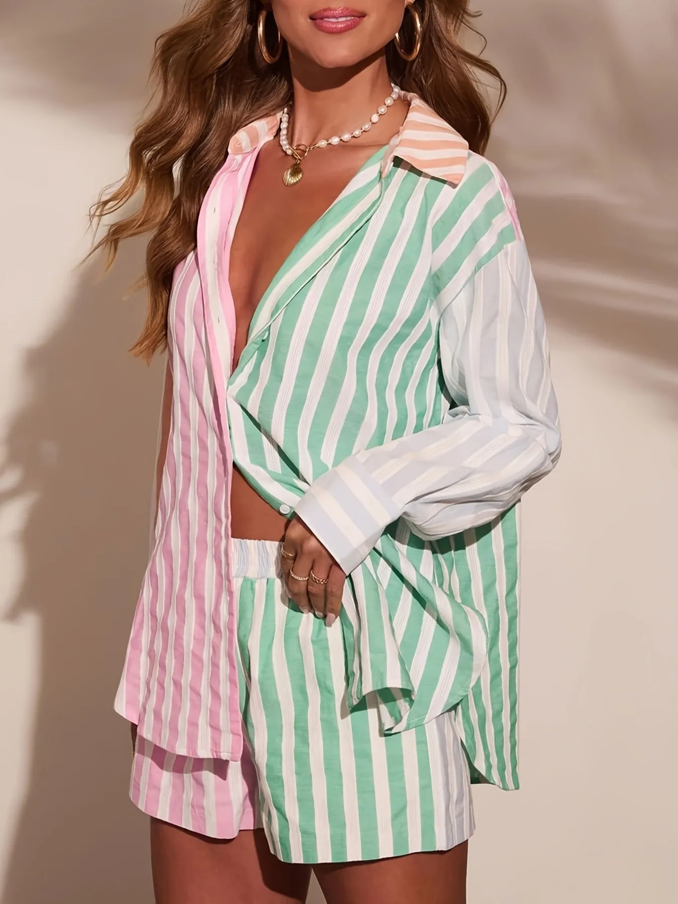 Striped Button Up Shirt and Shorts Set - Image 3