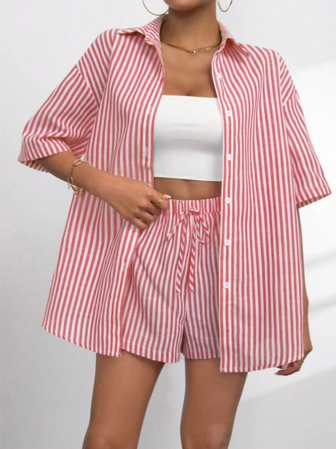 Striped Button Up Shirt and Shorts Set - Image 5