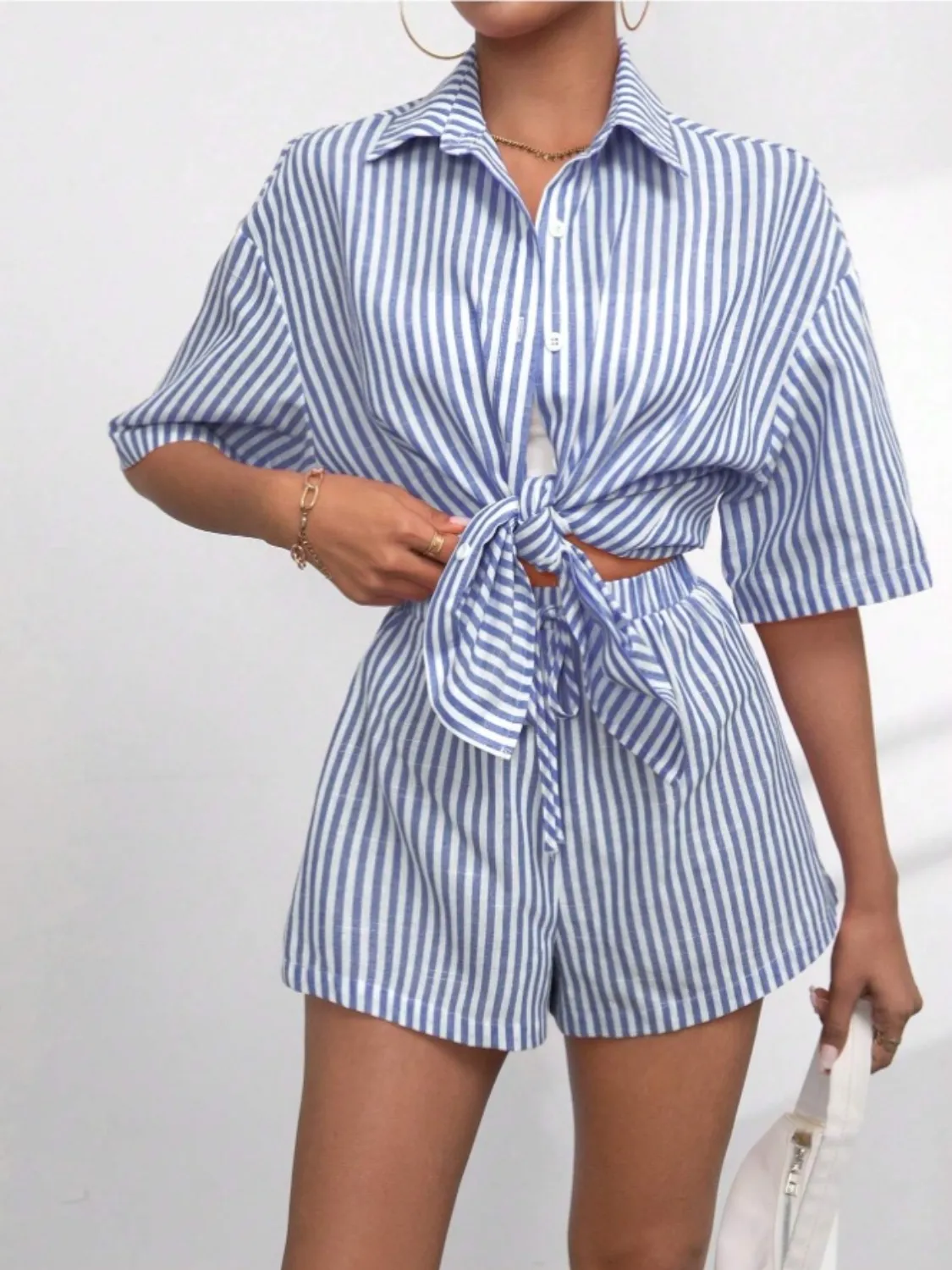 Striped Button Up Shirt and Shorts Set - Image 7