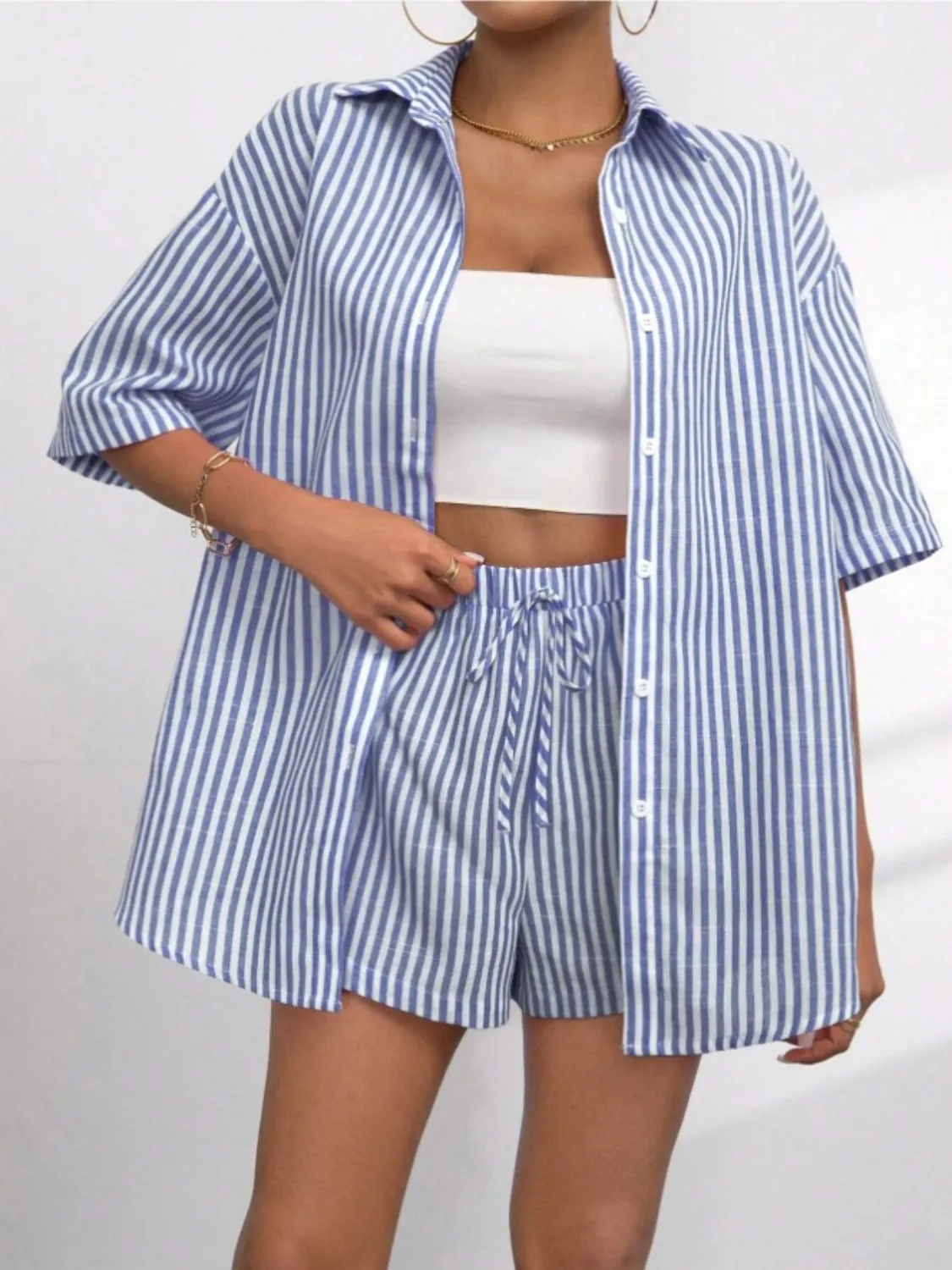 Striped Button Up Shirt and Shorts Set - Image 8