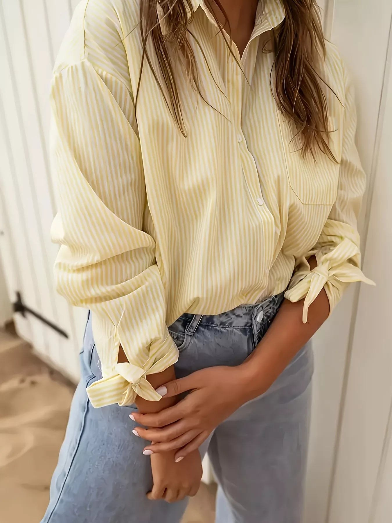 Striped Button Up Tie-Cuff Long Sleeve Shirt - Image 3