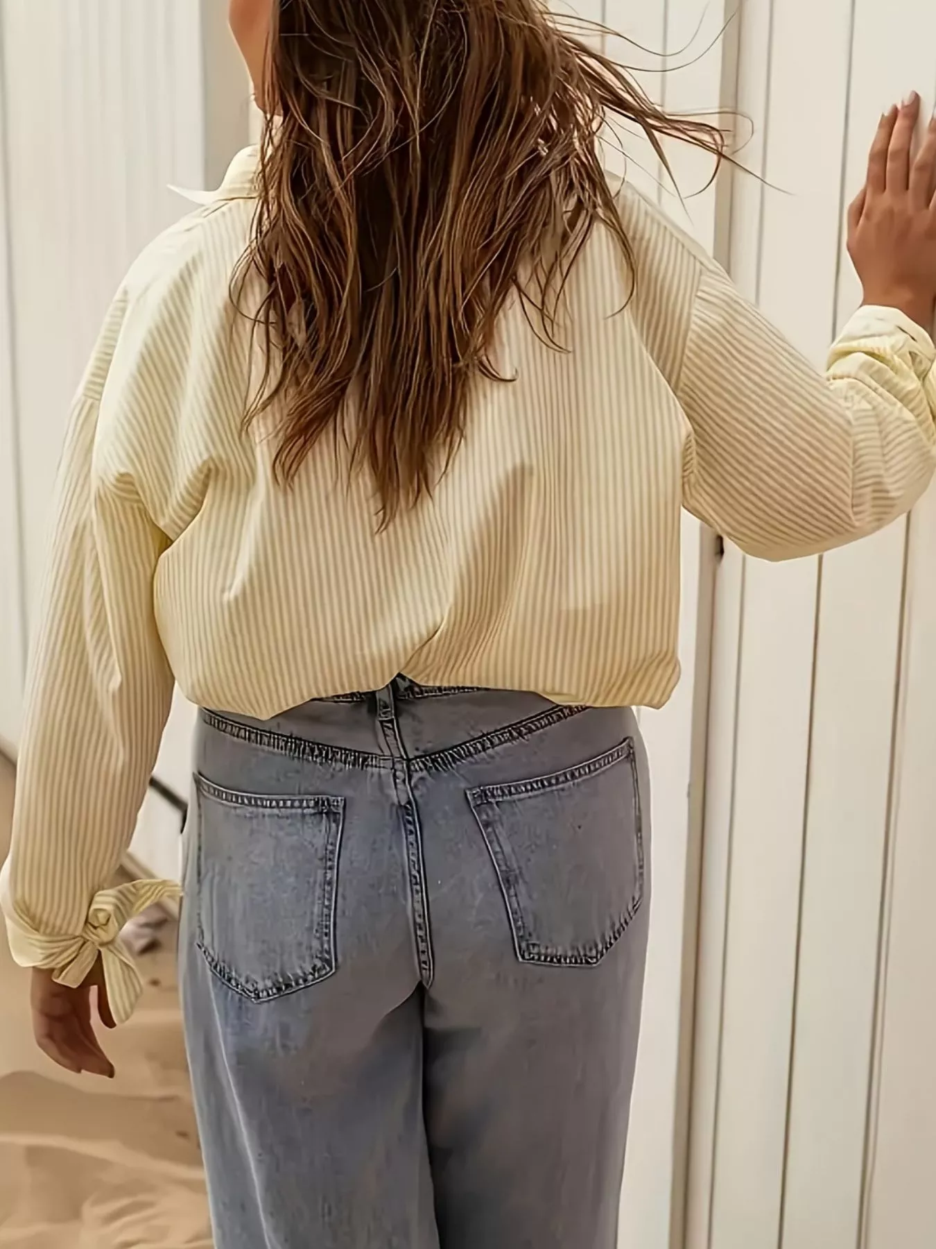 Striped Button Up Tie-Cuff Long Sleeve Shirt - Image 4