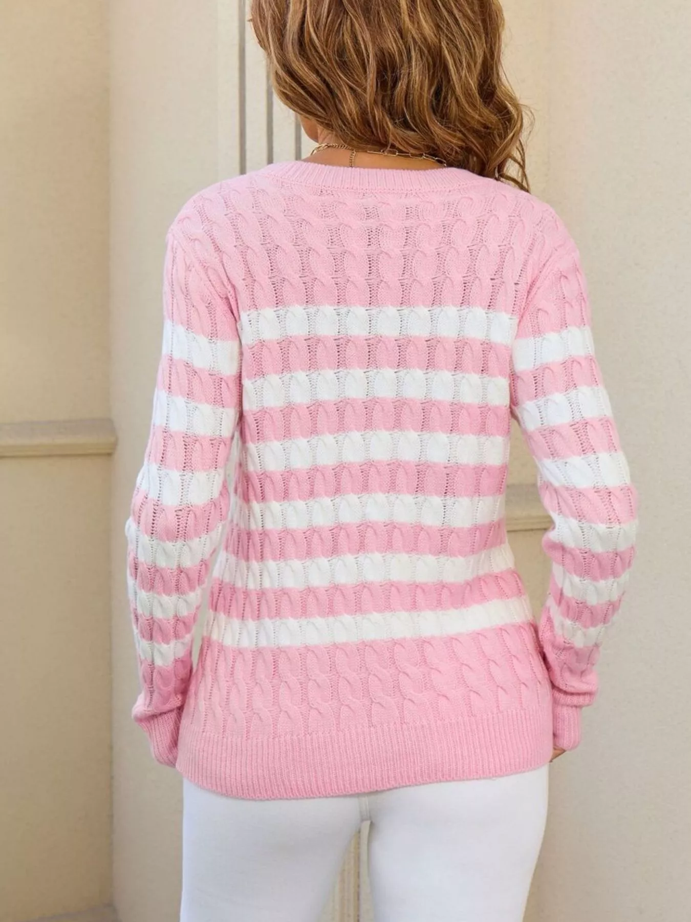 Striped Cable Knit Round Neck Sweater - Image 14