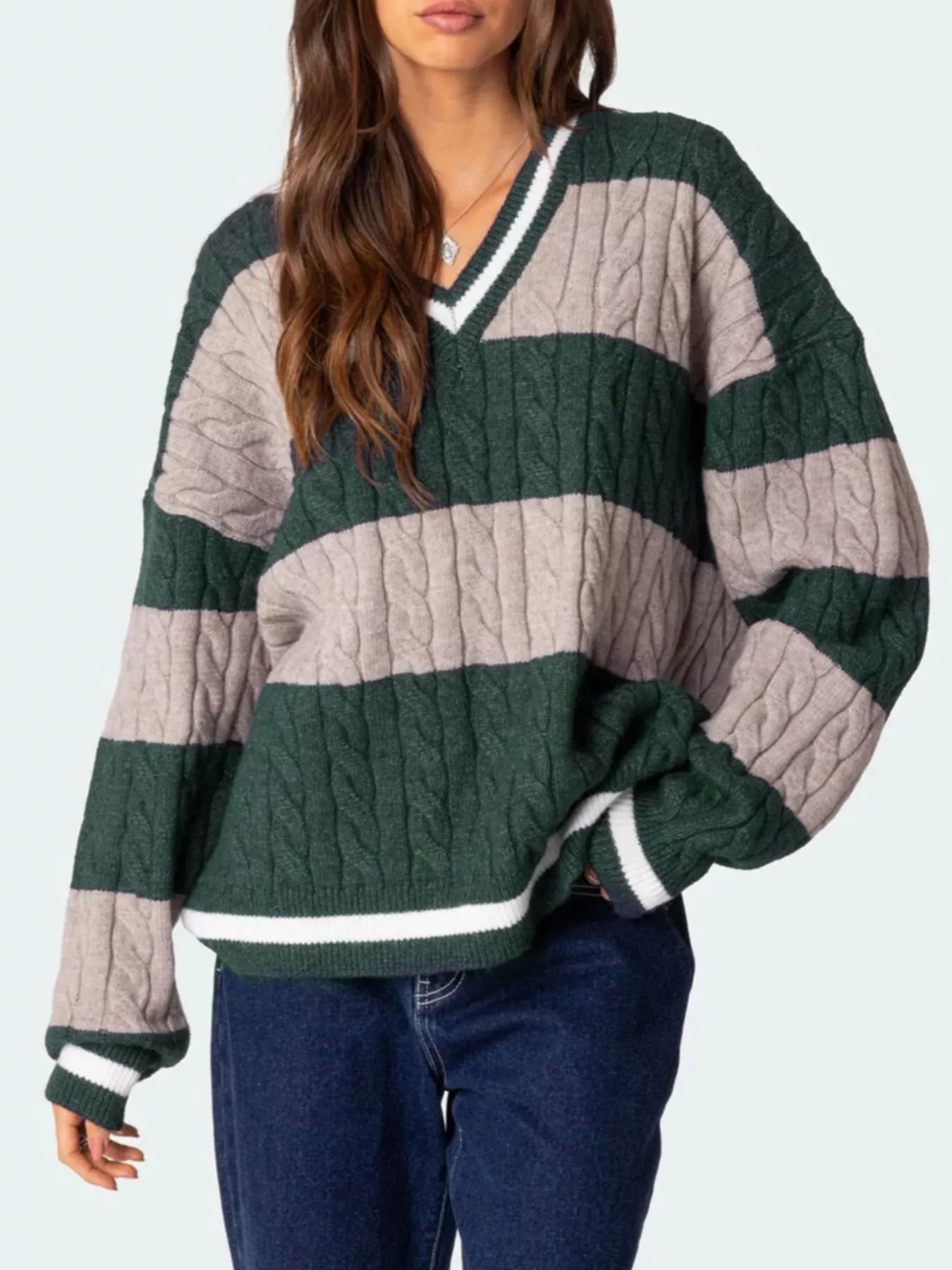 Striped Cable Knit V-Neck Sweater - Image 13