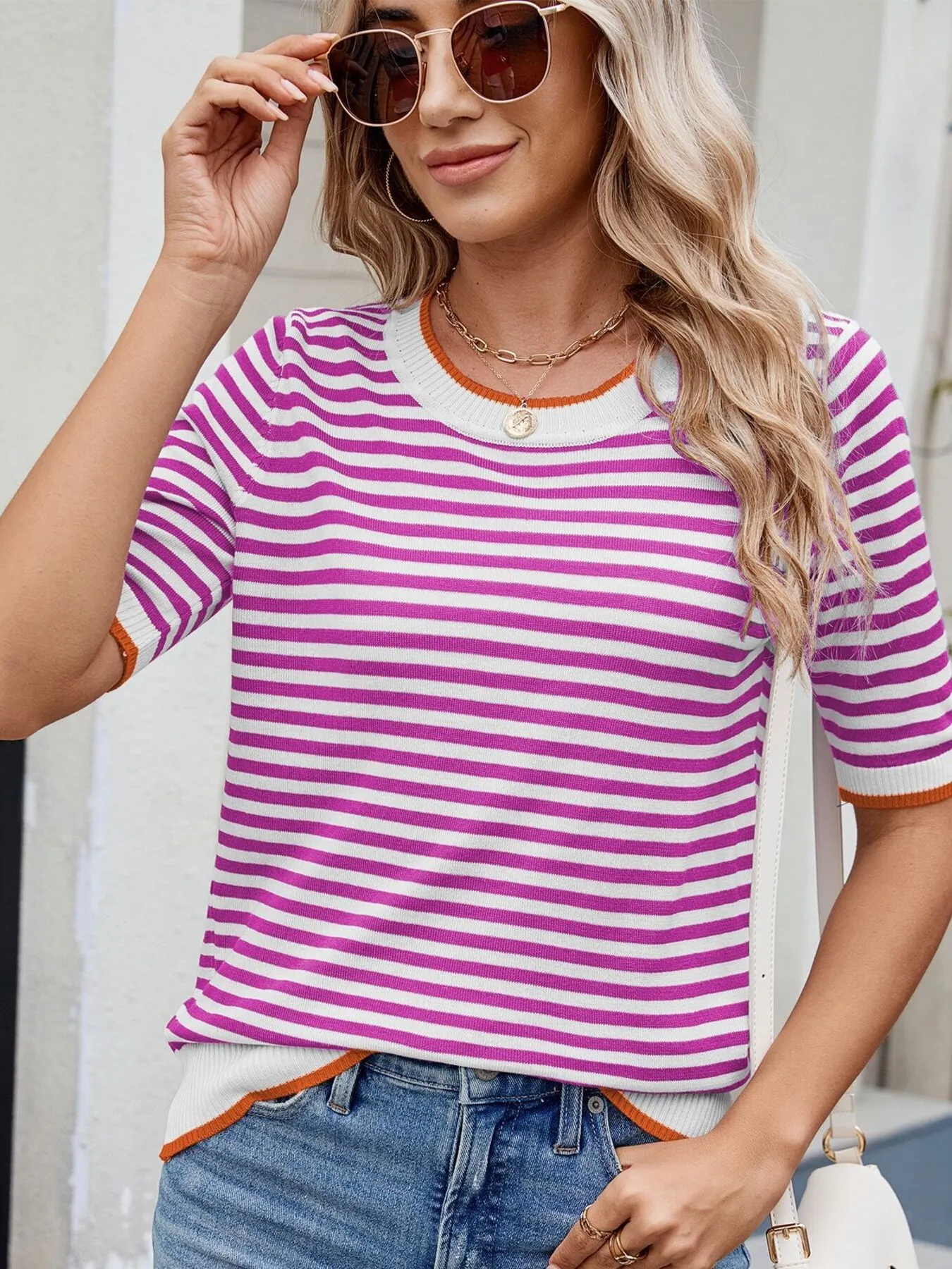 Striped Casual T-Shirt with Contrast Trim - Image 19