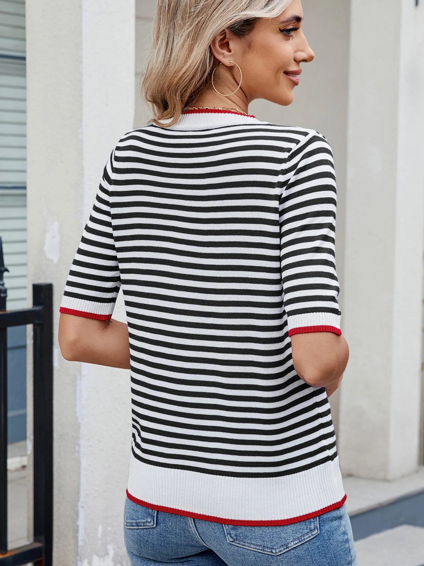 Striped Casual T-Shirt with Contrast Trim - Image 27