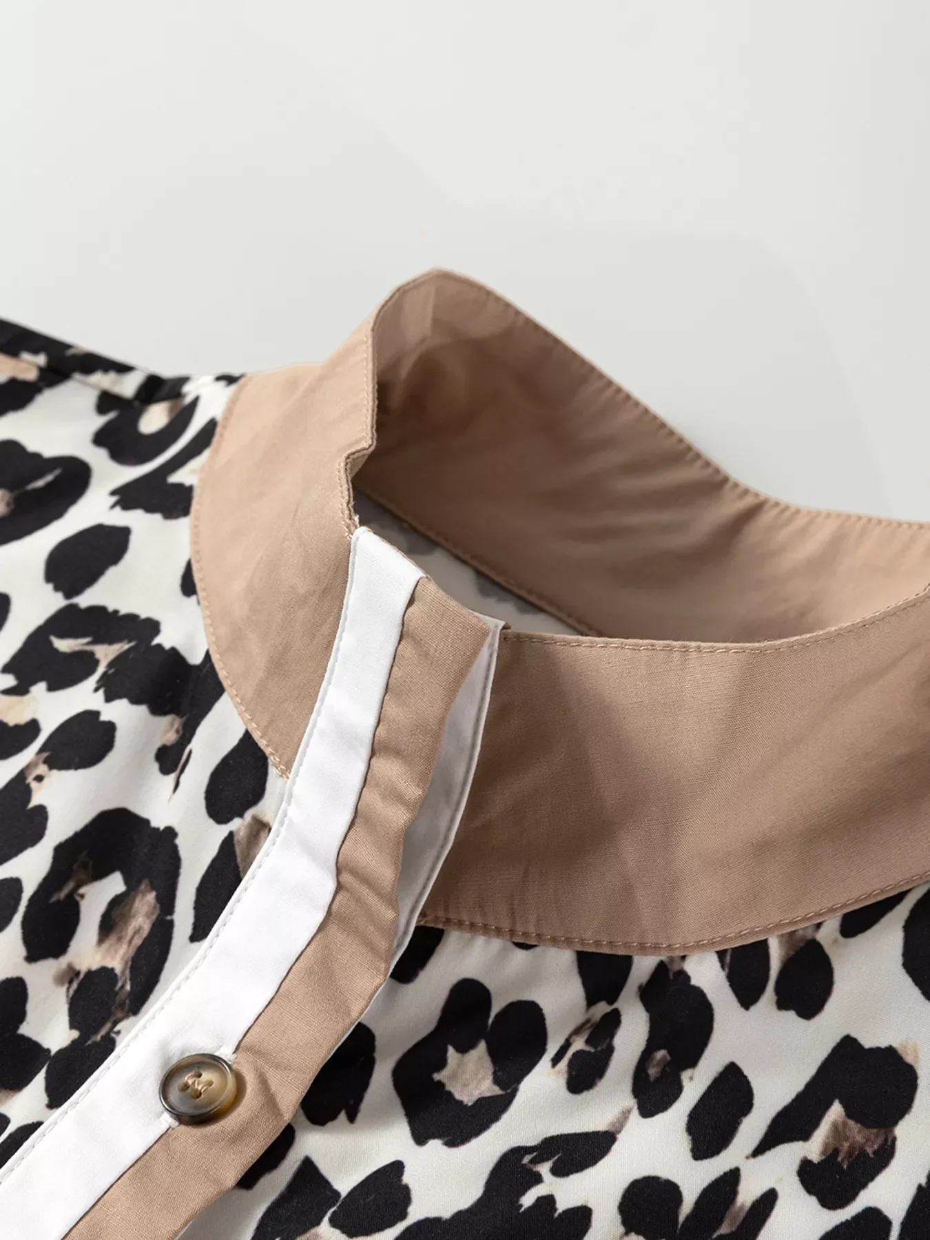 Striped Collar Leopard Print Long Sleeve Flared Dress - Image 11