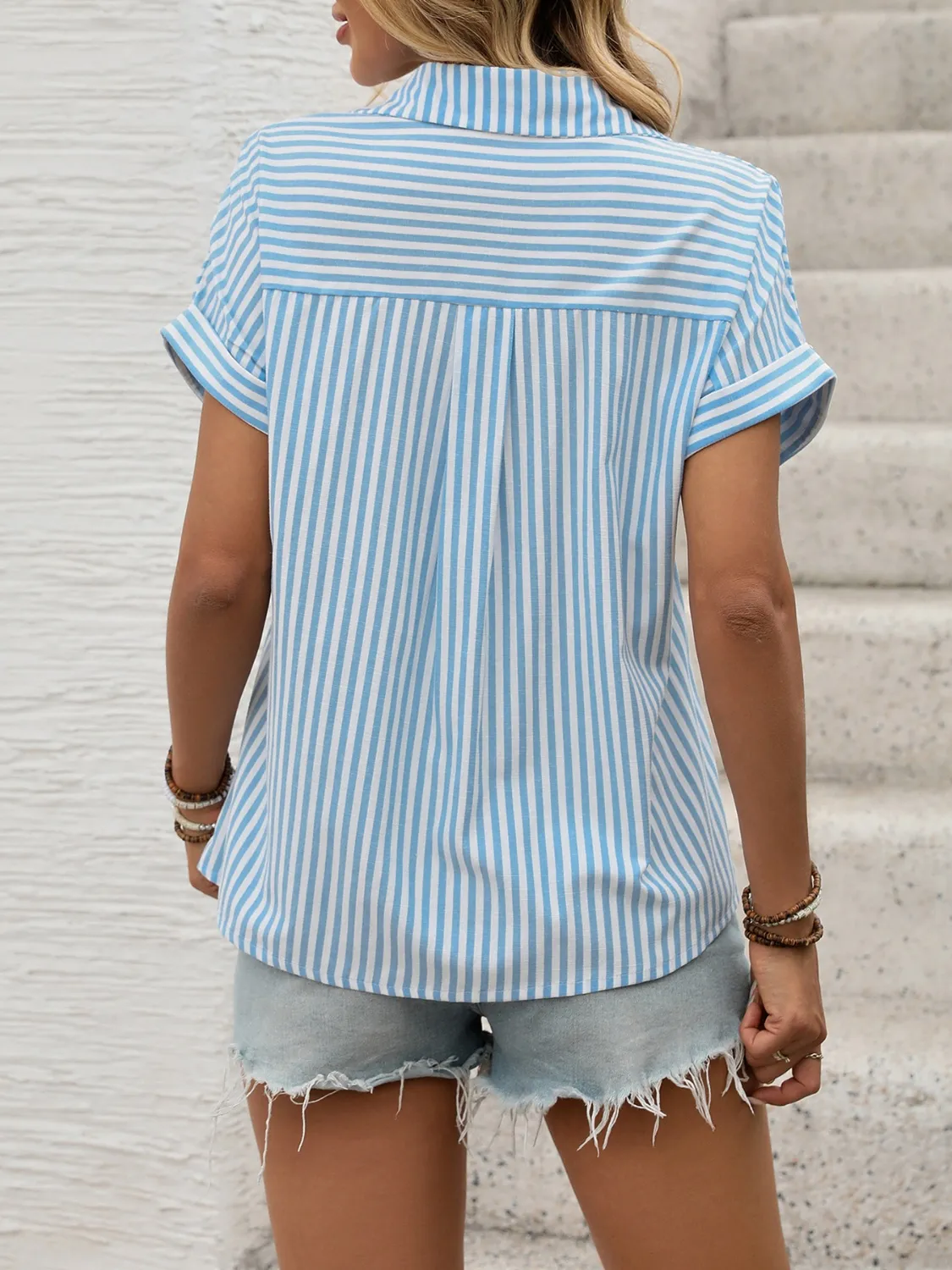 Striped Collared Neck Short Sleeve Shirt - Image 3