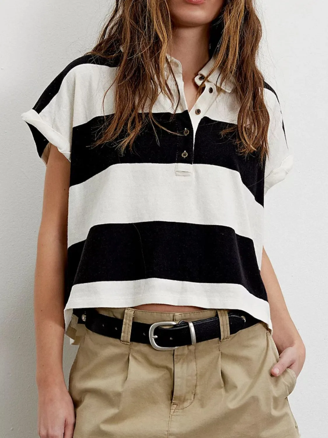 Striped Collared Neck Short Sleeve Top - Image 4