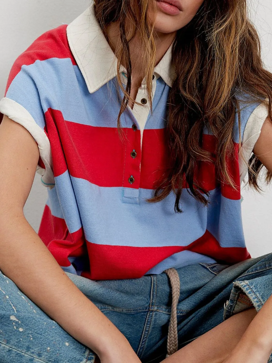 Striped Collared Neck Short Sleeve Top - Image 5