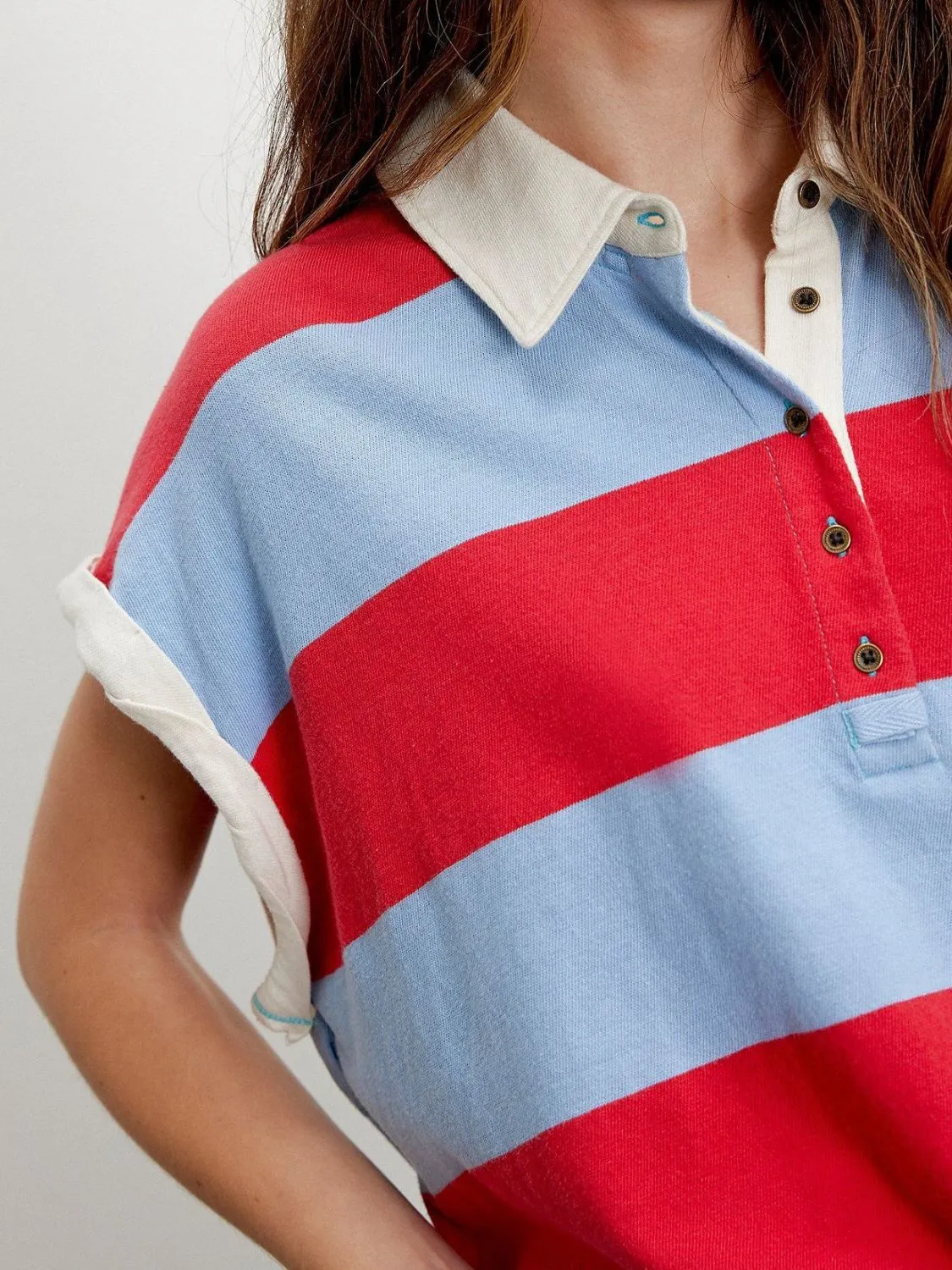 Striped Collared Neck Short Sleeve Top - Image 7
