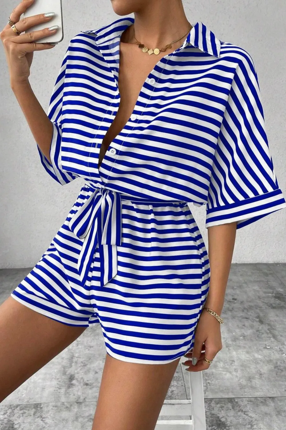 Striped Collared Neck Tie Waist Romper - Image 3