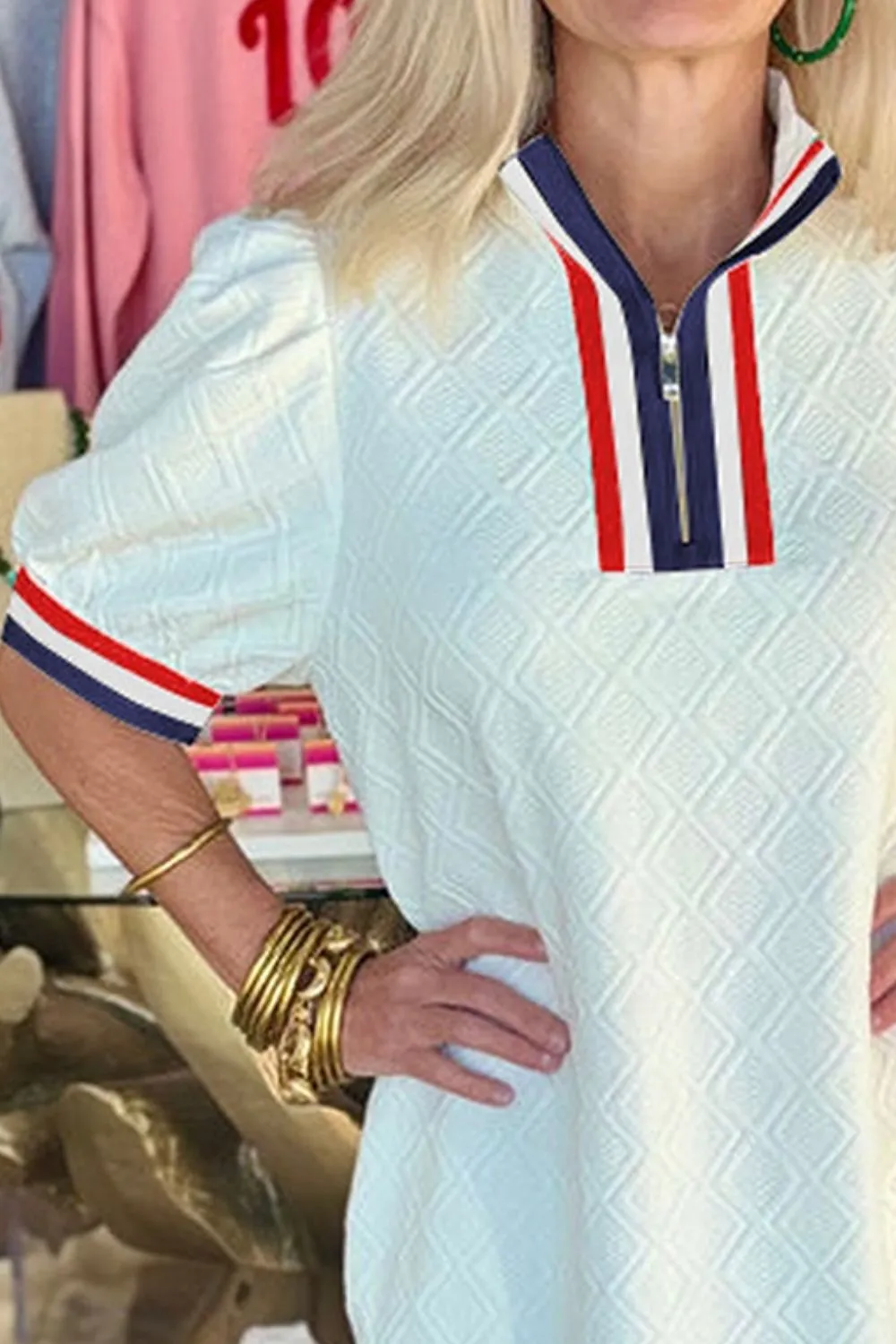 Striped Collared Zip Up Textured Dress - Image 13