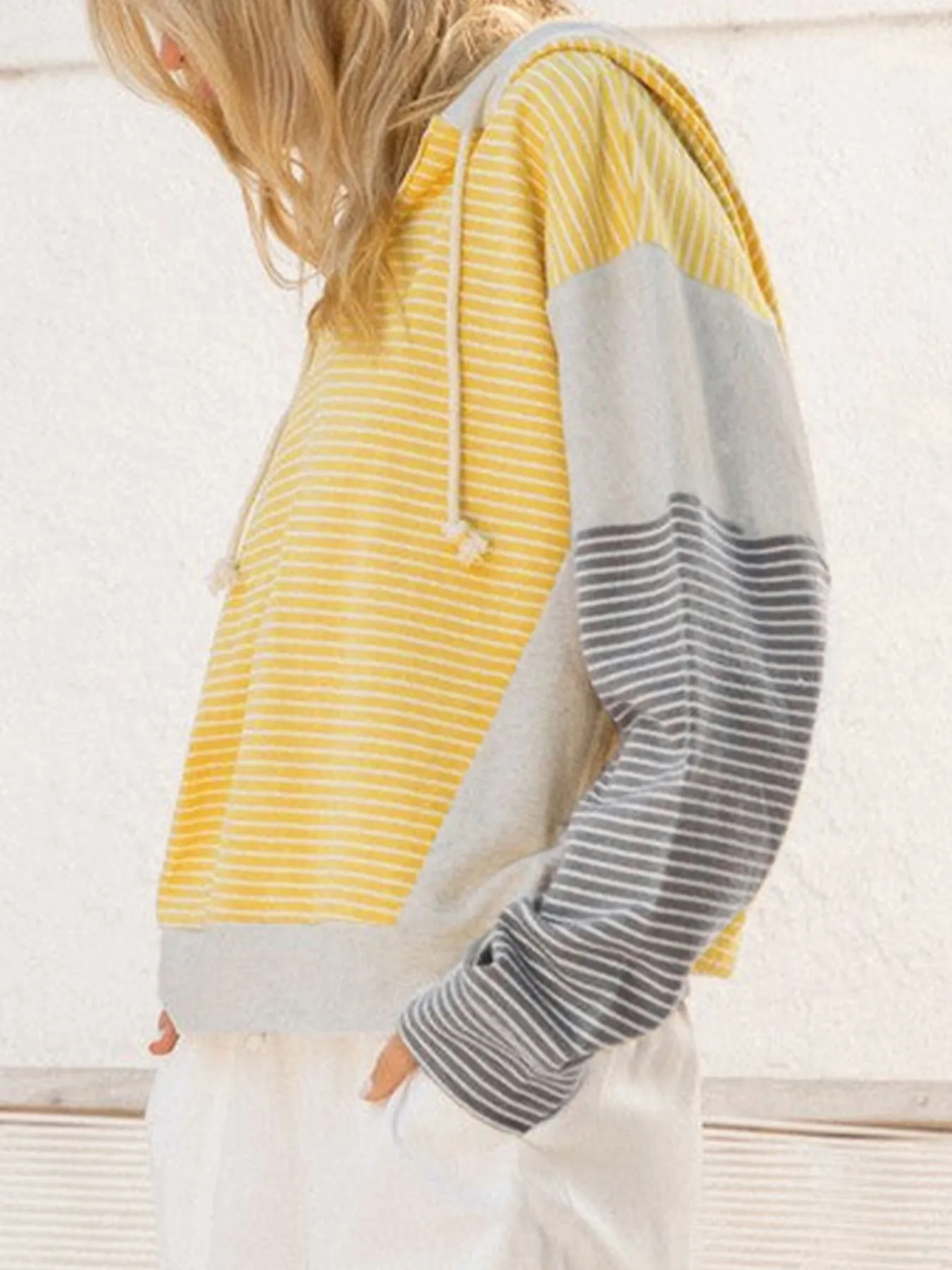 Striped Color Block Hoodie with Drawstring - Image 3