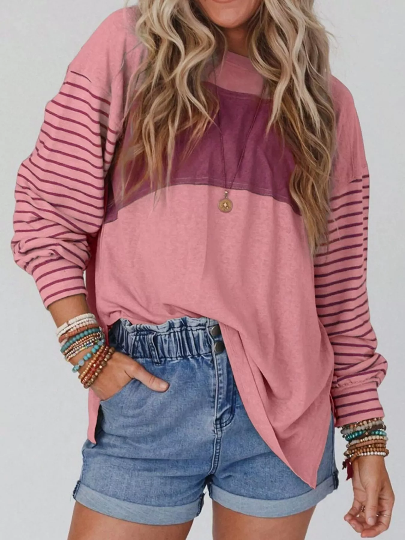 Striped Color Block Long Sleeve T-Shirt - Image 5