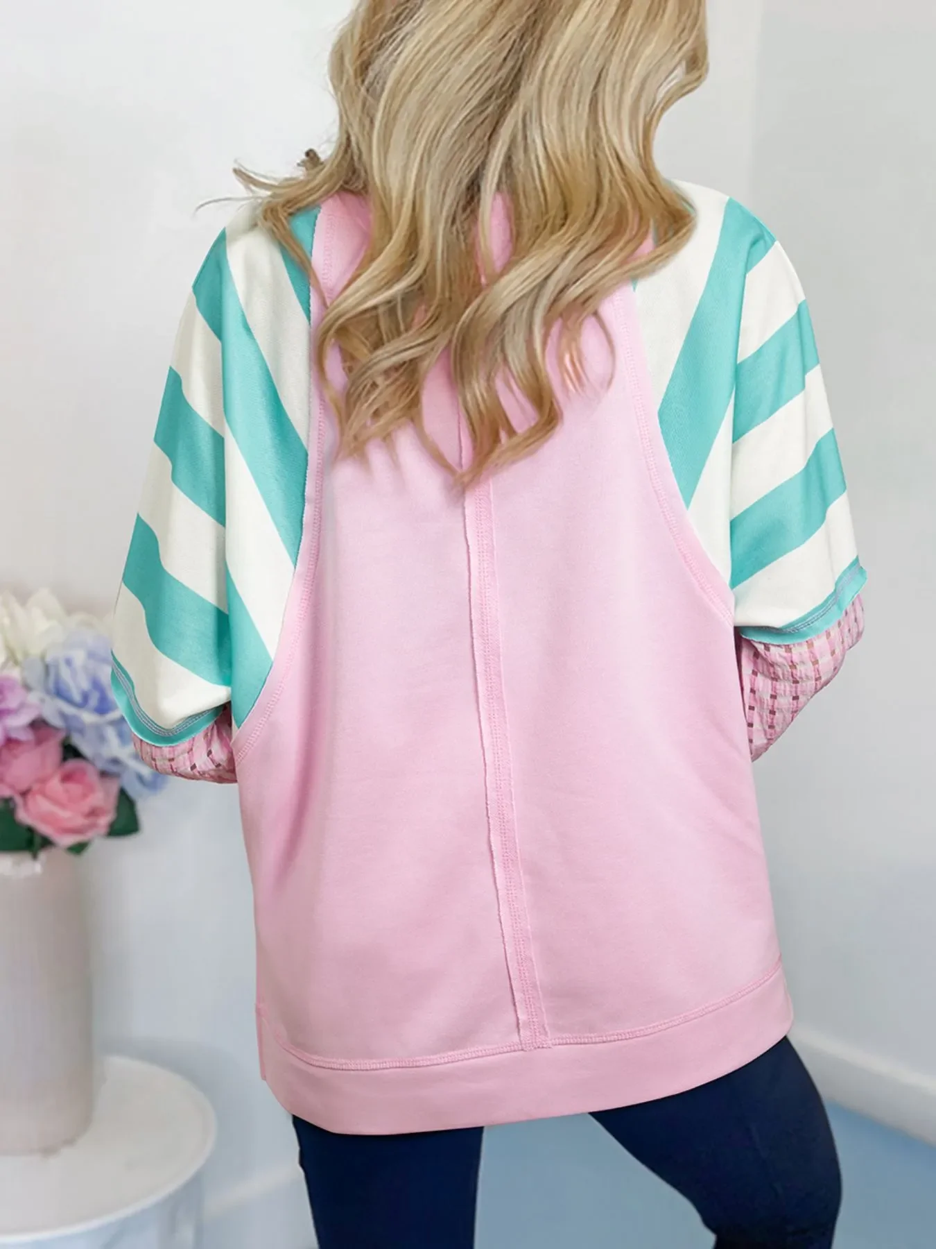 Striped Color Block Patchwork Raglan Sleeve Top with Slits - Image 2