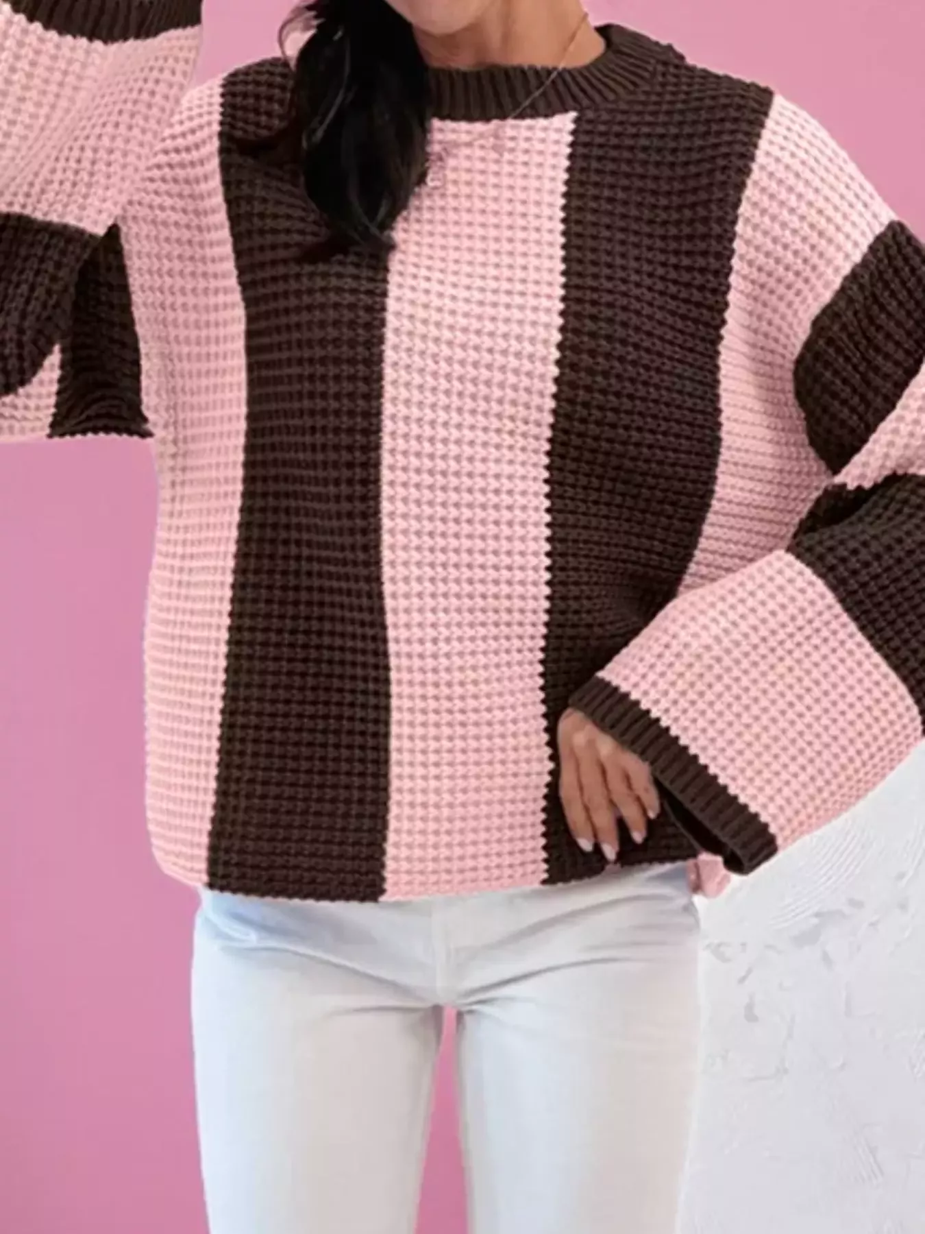 Striped Color Block Waffle Knit Sweater - Image 2