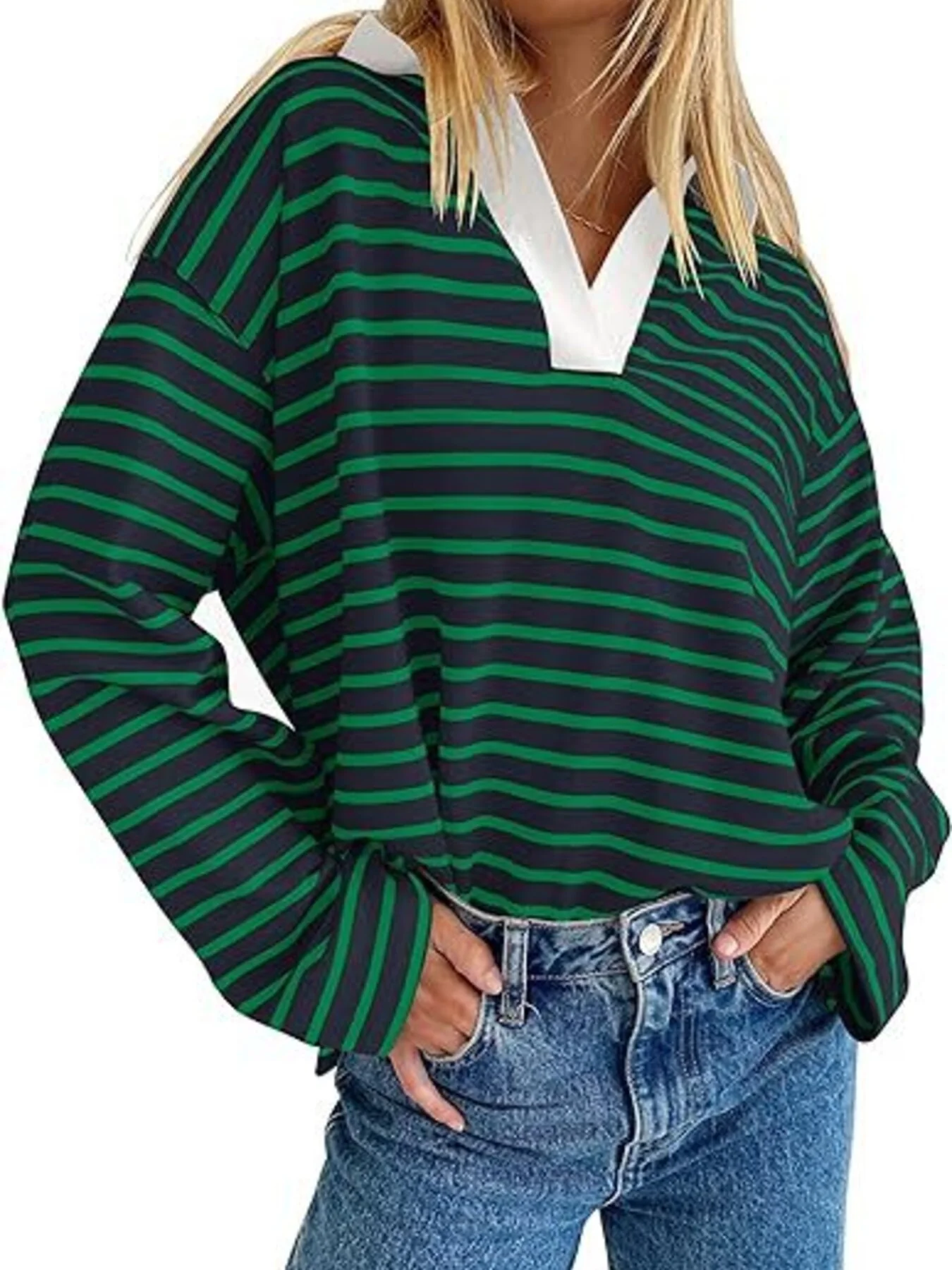 Striped Contrast Collar Long Sleeve Top - Image 20