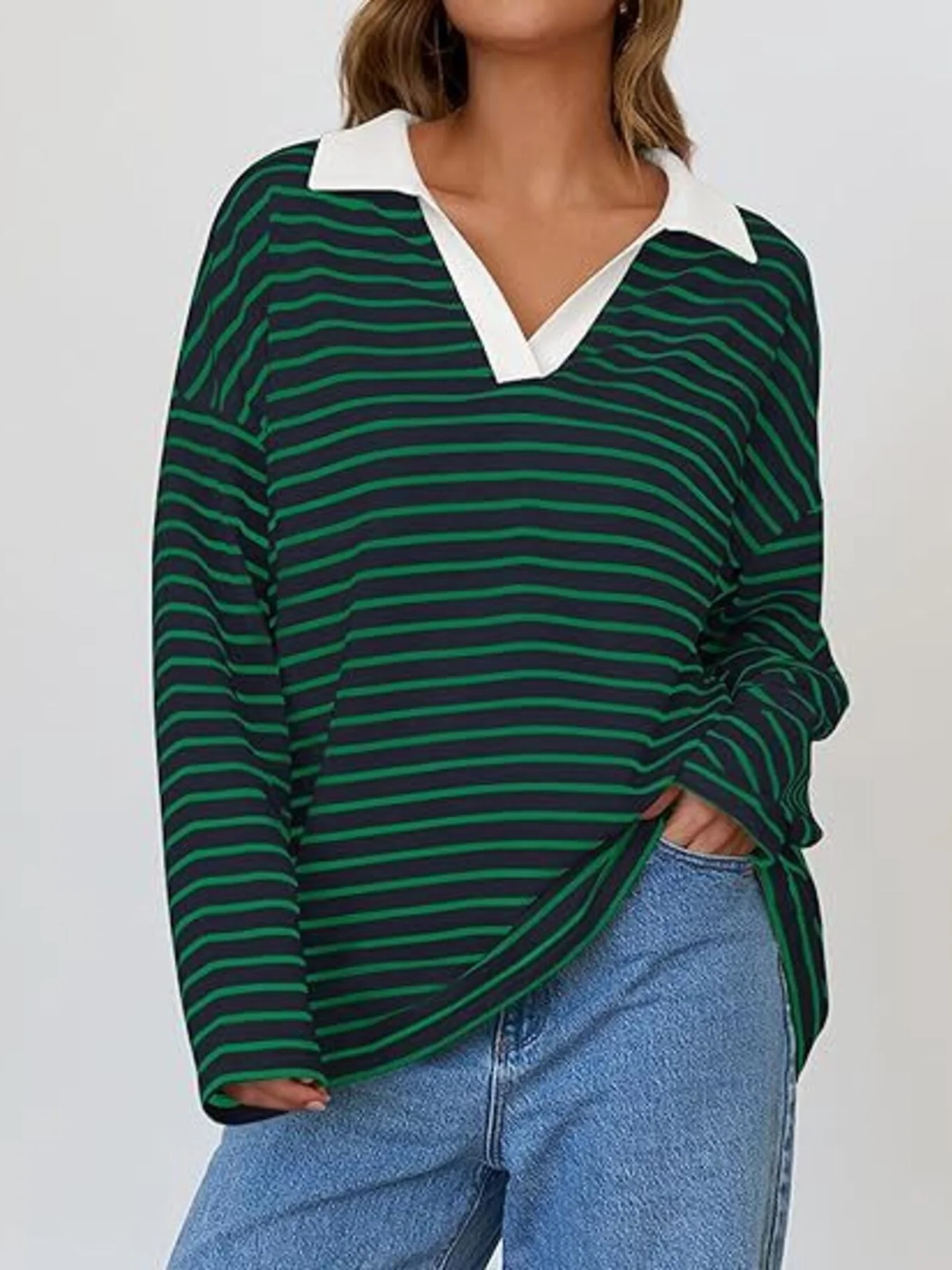 Striped Contrast Collar Long Sleeve Top - Image 21