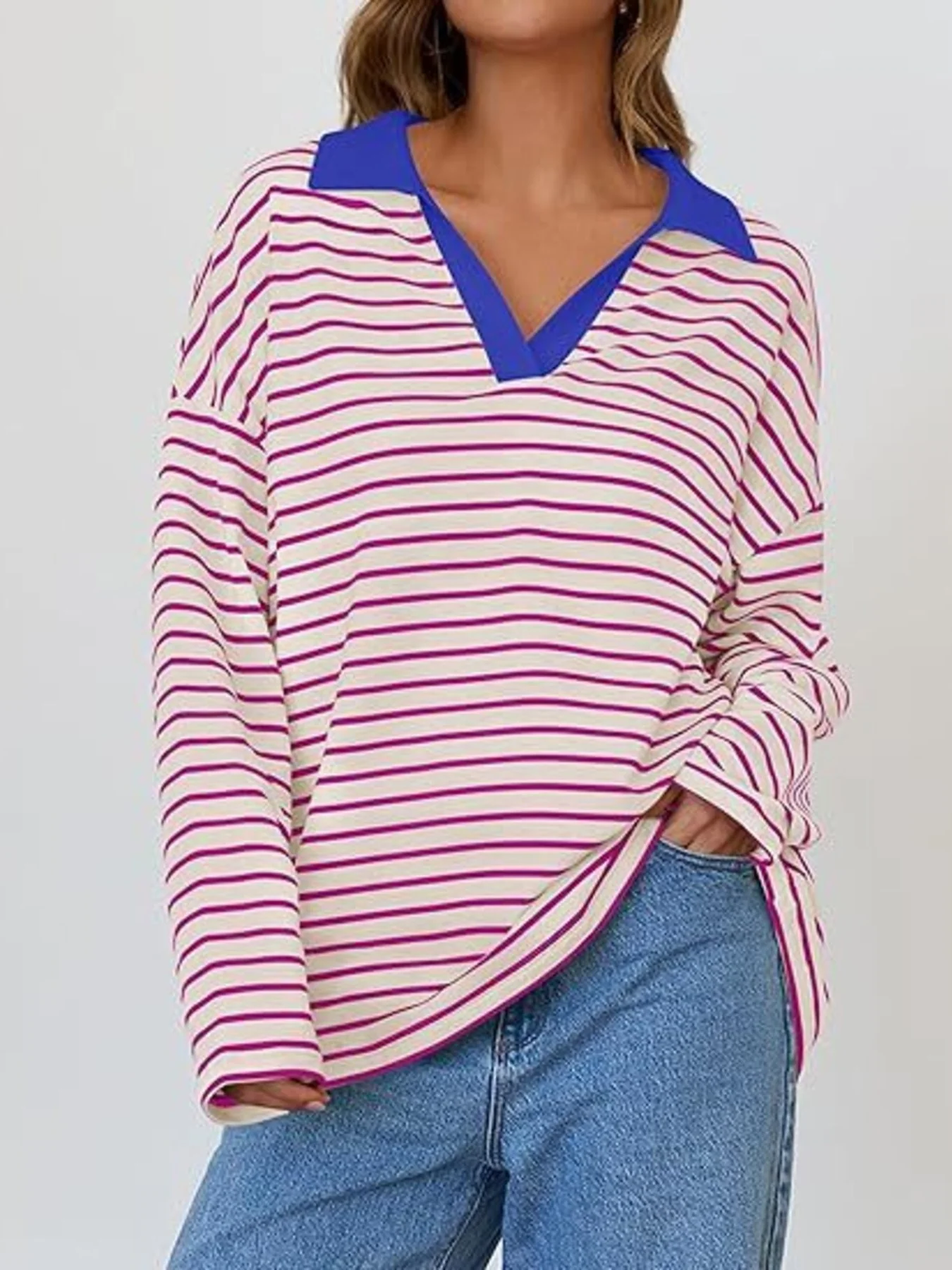 Striped Contrast Collar Long Sleeve Top - Image 4