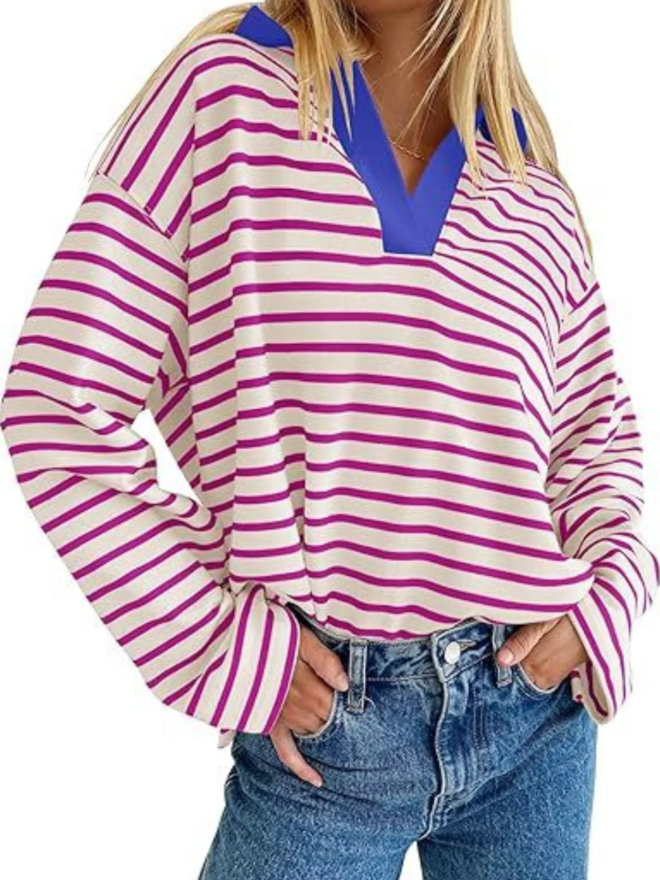 Striped Contrast Collar Long Sleeve Top - Image 6