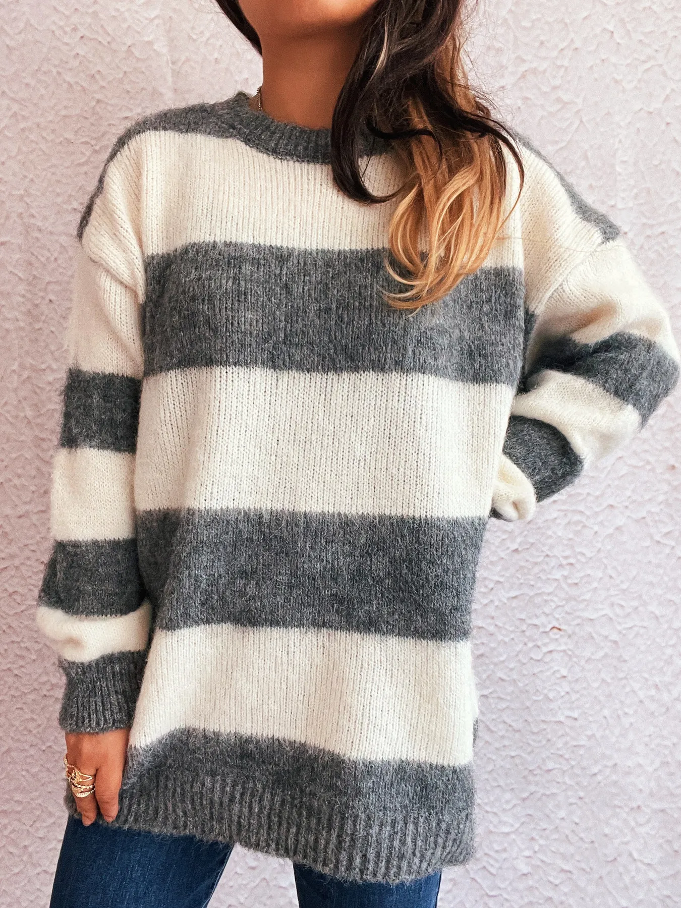 Striped Contrast Long Sleeve Sweater - Image 3