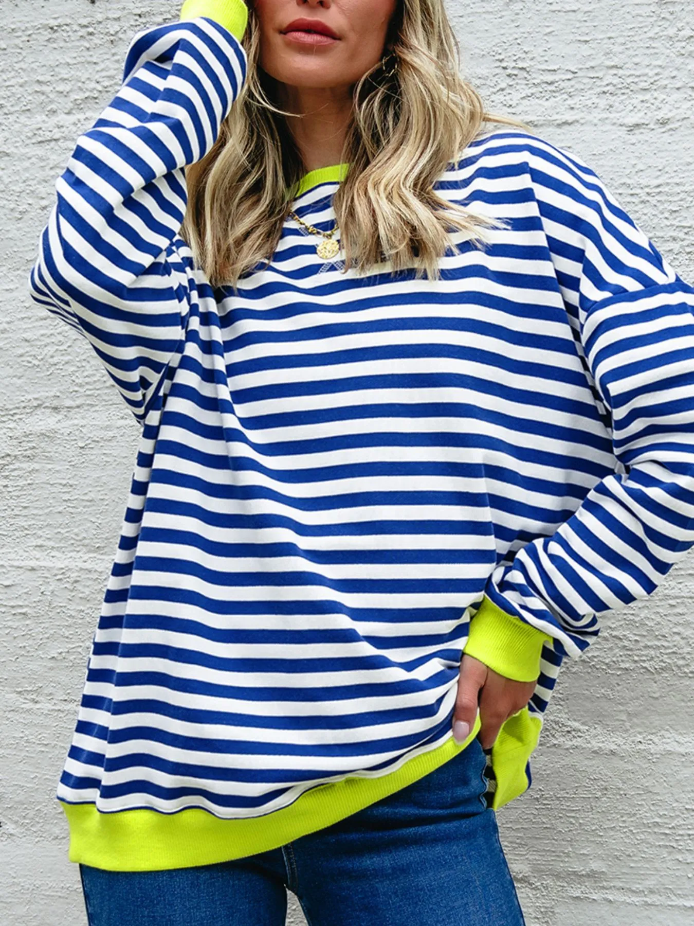 Striped Contrast Ribbed Trim Drop Shoulder Sweatshirt - Image 3