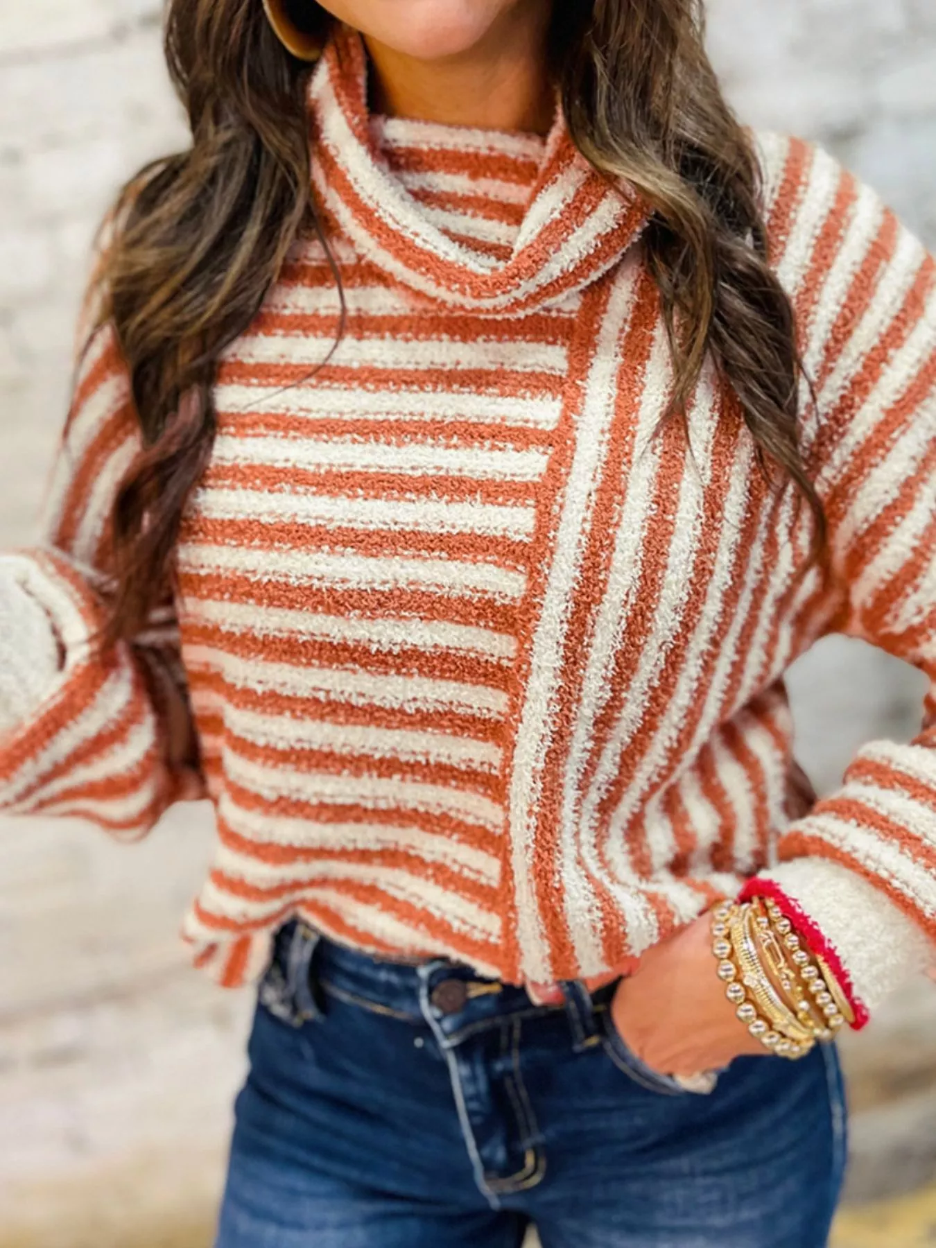 Striped Cowl Neck Long Sleeve Sweater - Image 3