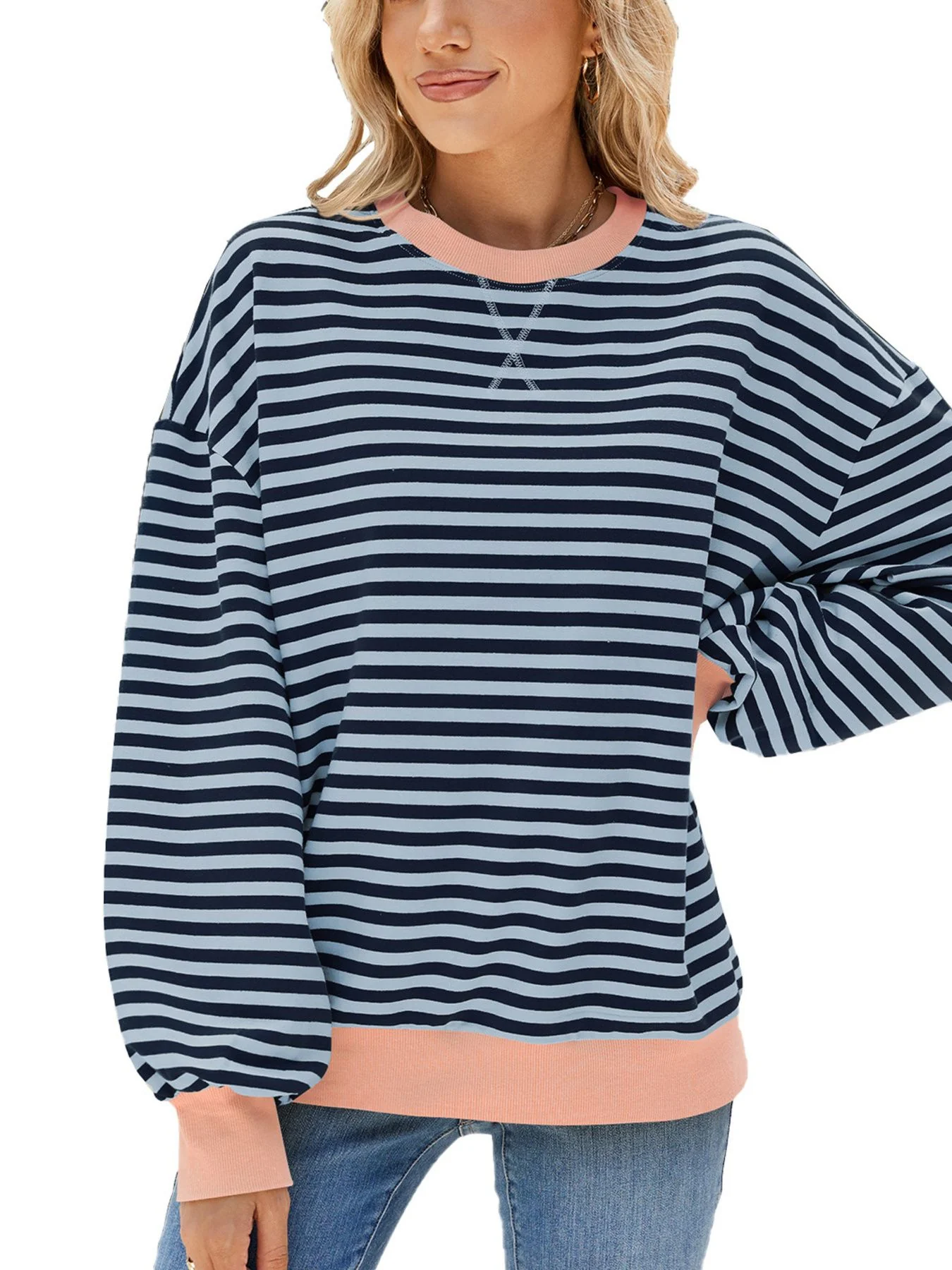 Striped Crew Neck Long Sleeve Sweatshirt - Image 15