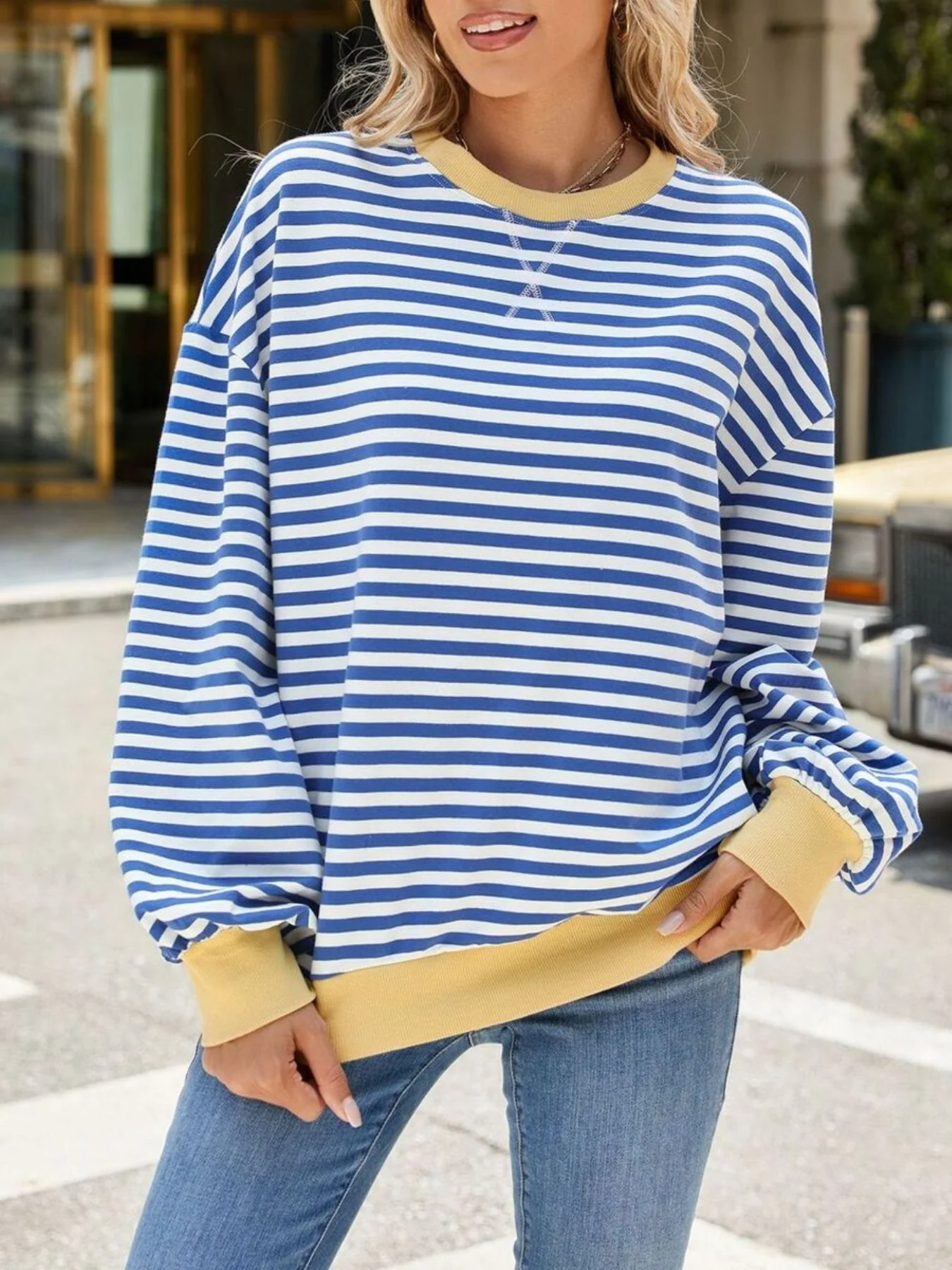 Striped Crew Neck Long Sleeve Sweatshirt - Image 2