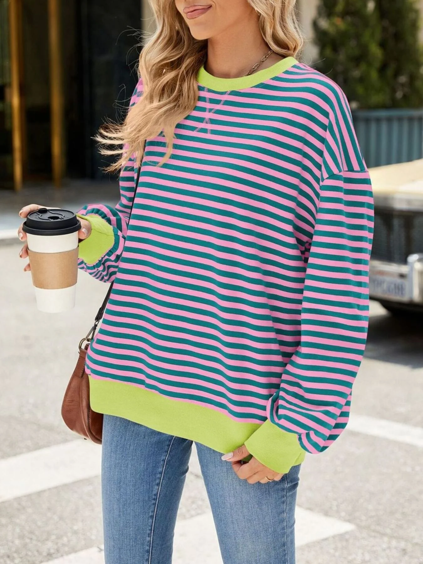 Striped Crew Neck Long Sleeve Sweatshirt - Image 32