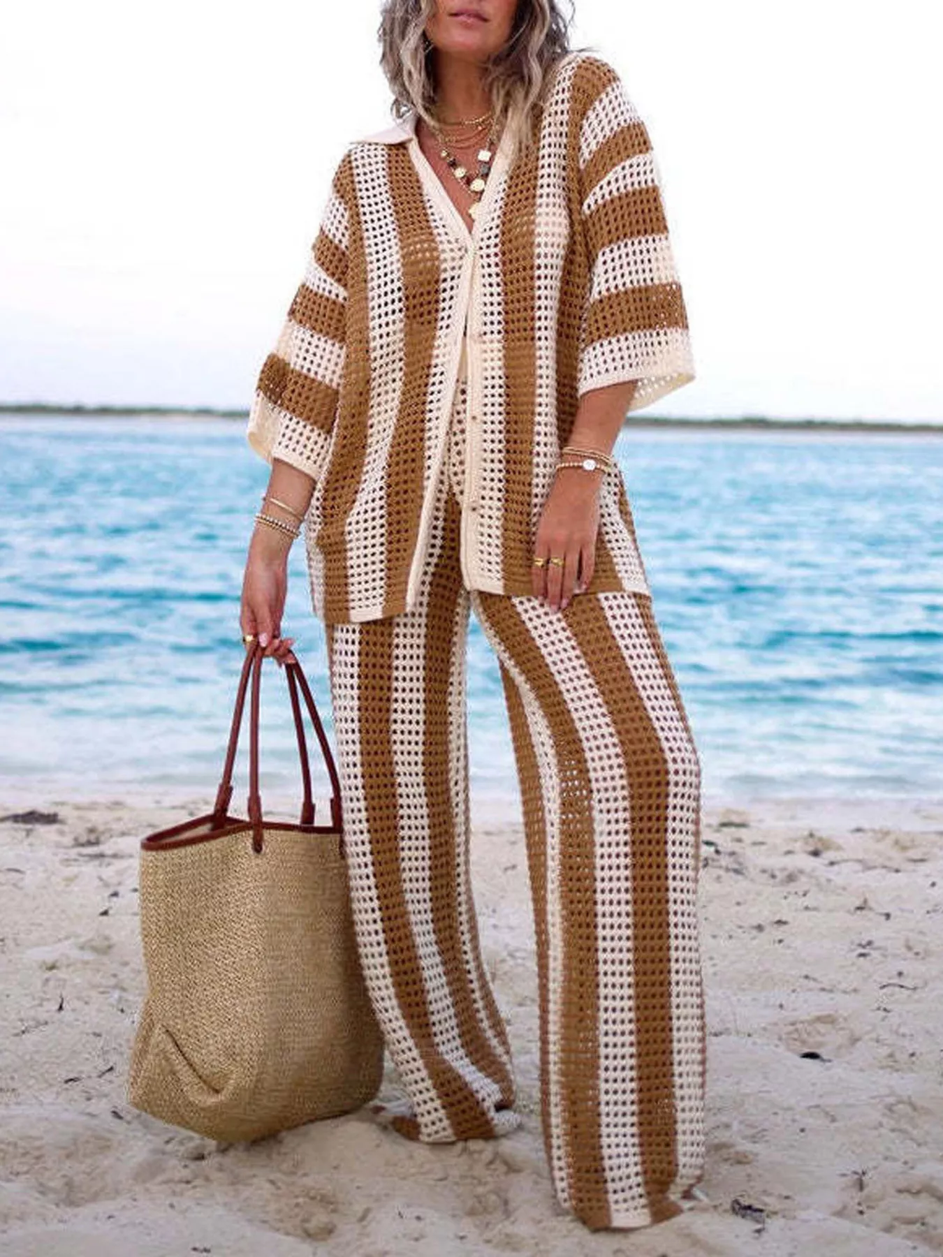 Striped Crochet Knit Shirt and Pants Set - Image 2
