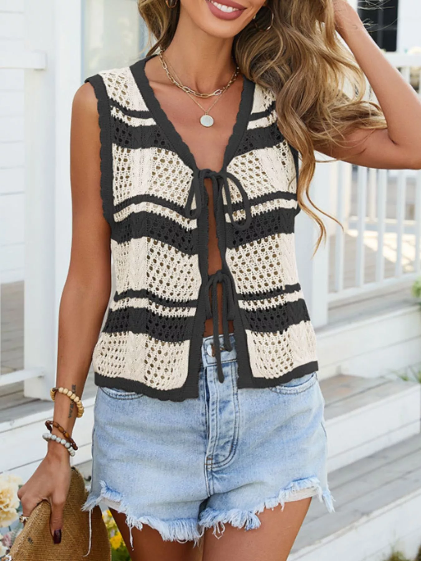 Striped Crochet Tie-Front Cardigan - Image 2