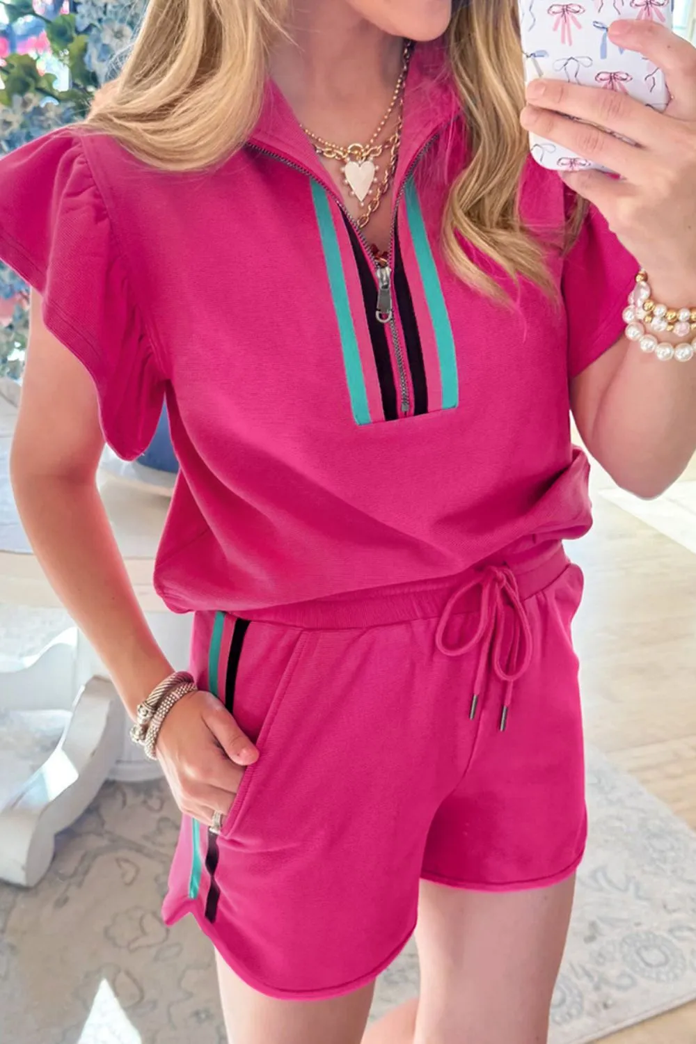 Striped Detail Flutter Sleeve Zipped Collar Top and Short Set - Image 2