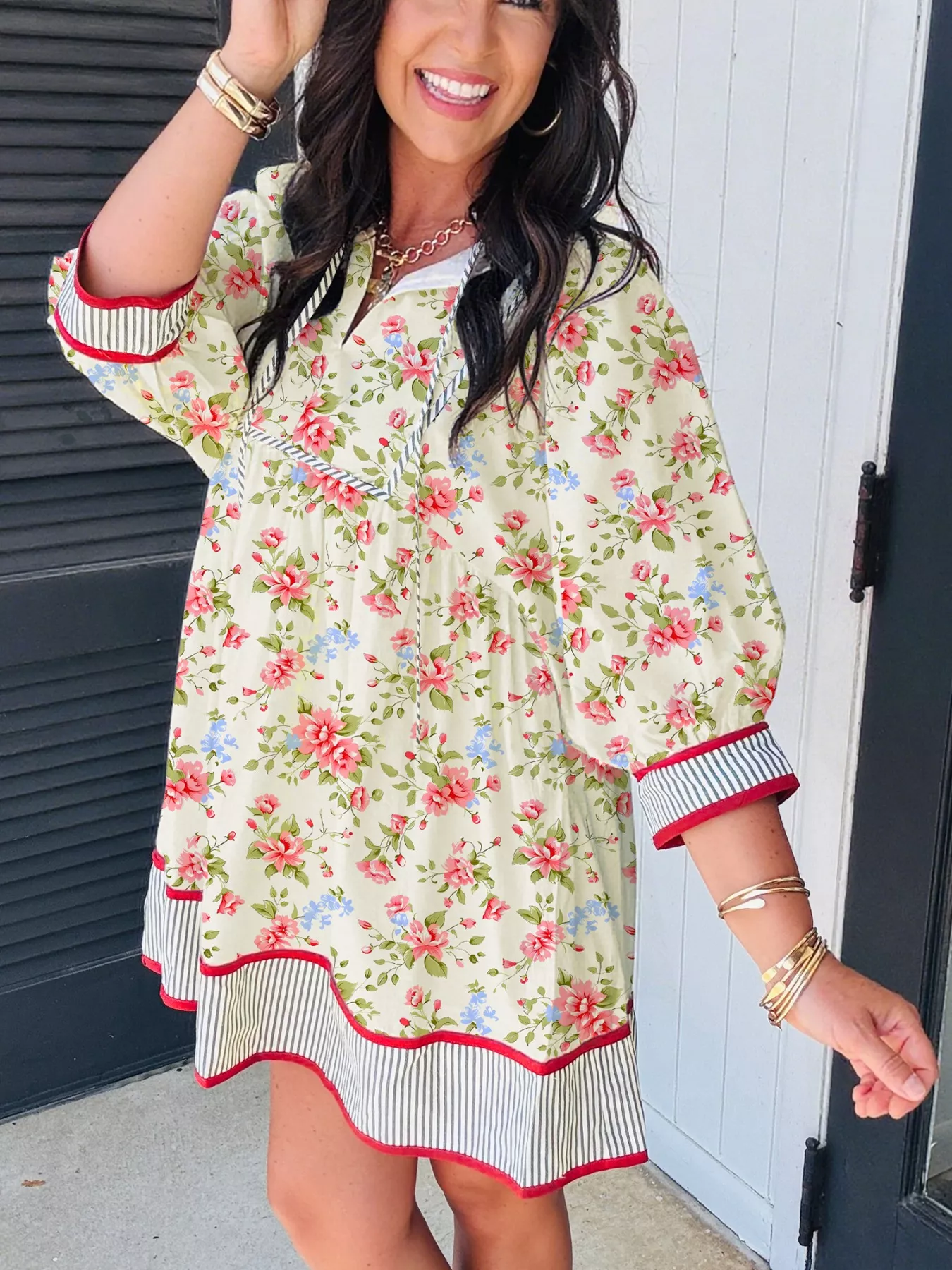 Striped Edge 3/4 Puff Sleeve Floral Dress - Image 3