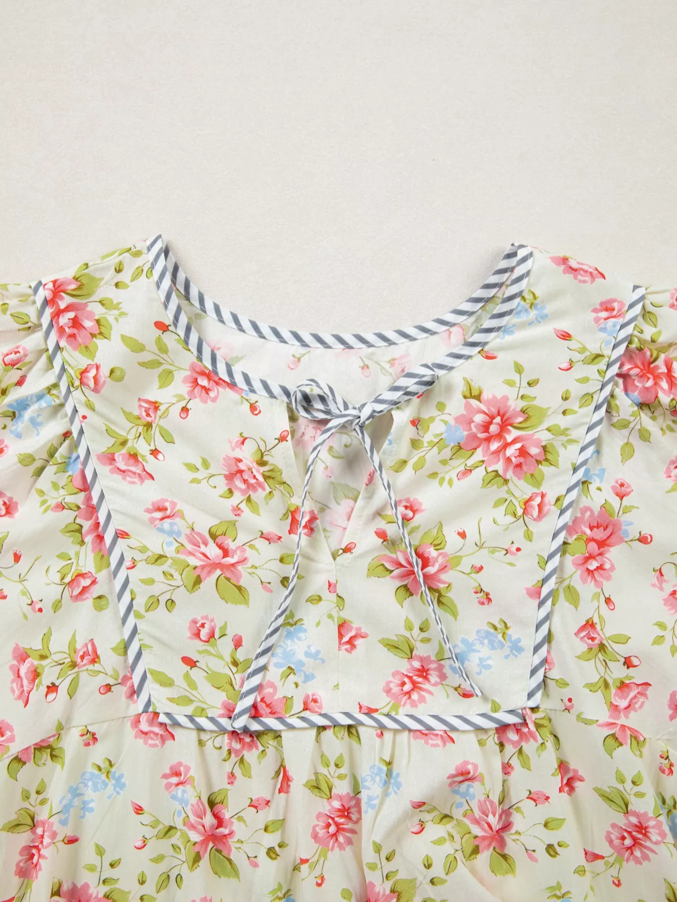 Striped Edge 3/4 Puff Sleeve Floral Dress - Image 6