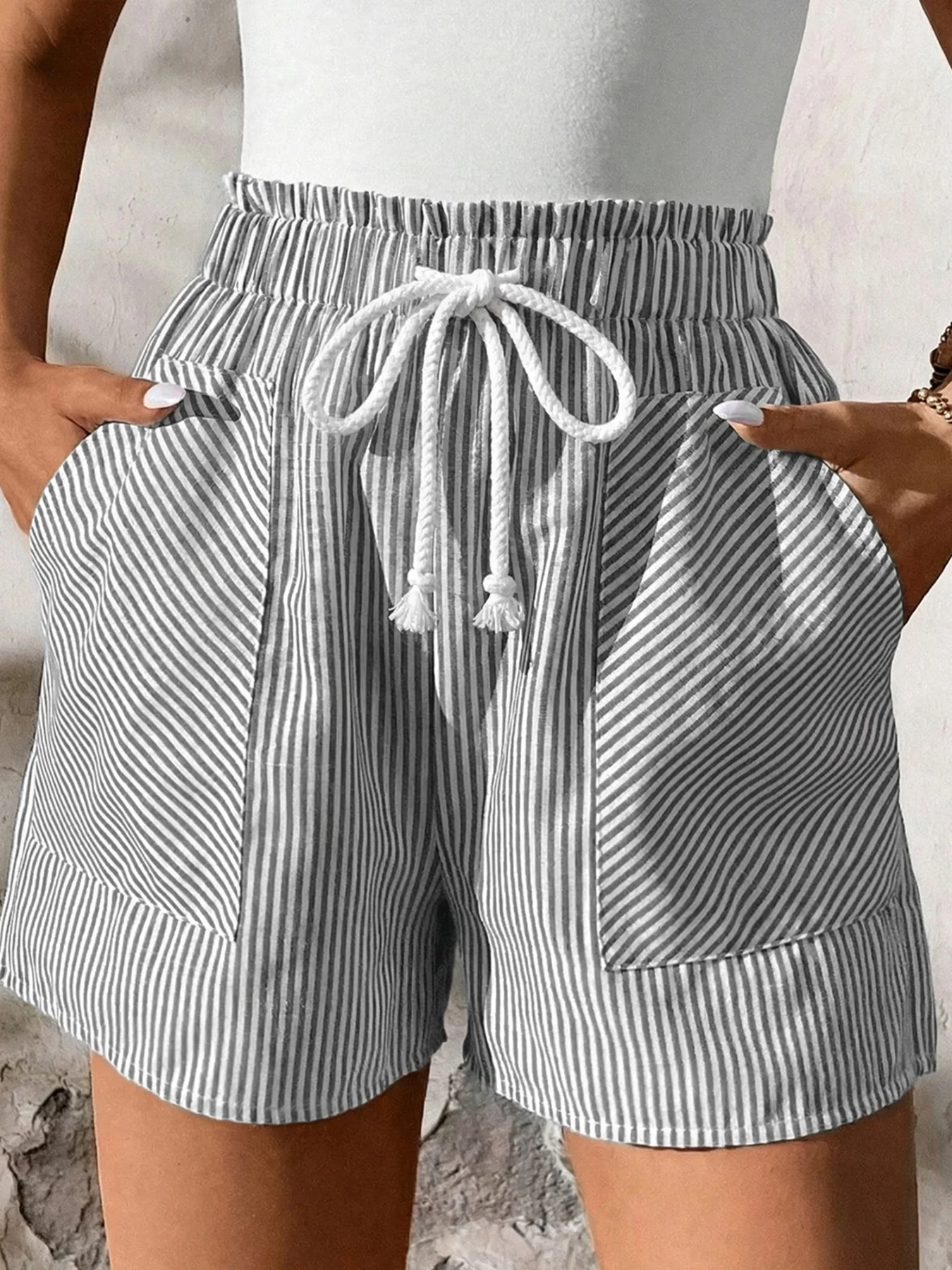 Striped Elastic Waist Drawstring Shorts - Image 2