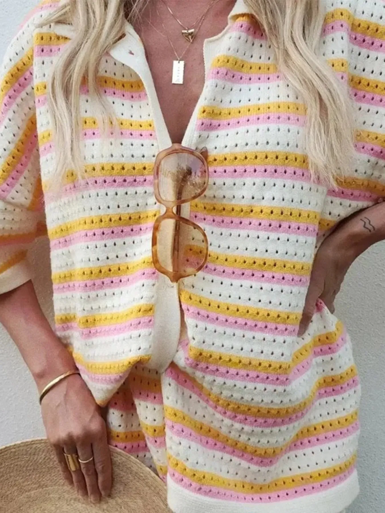 Striped Eyelet Button Up Shirt and Shorts Set - Image 2