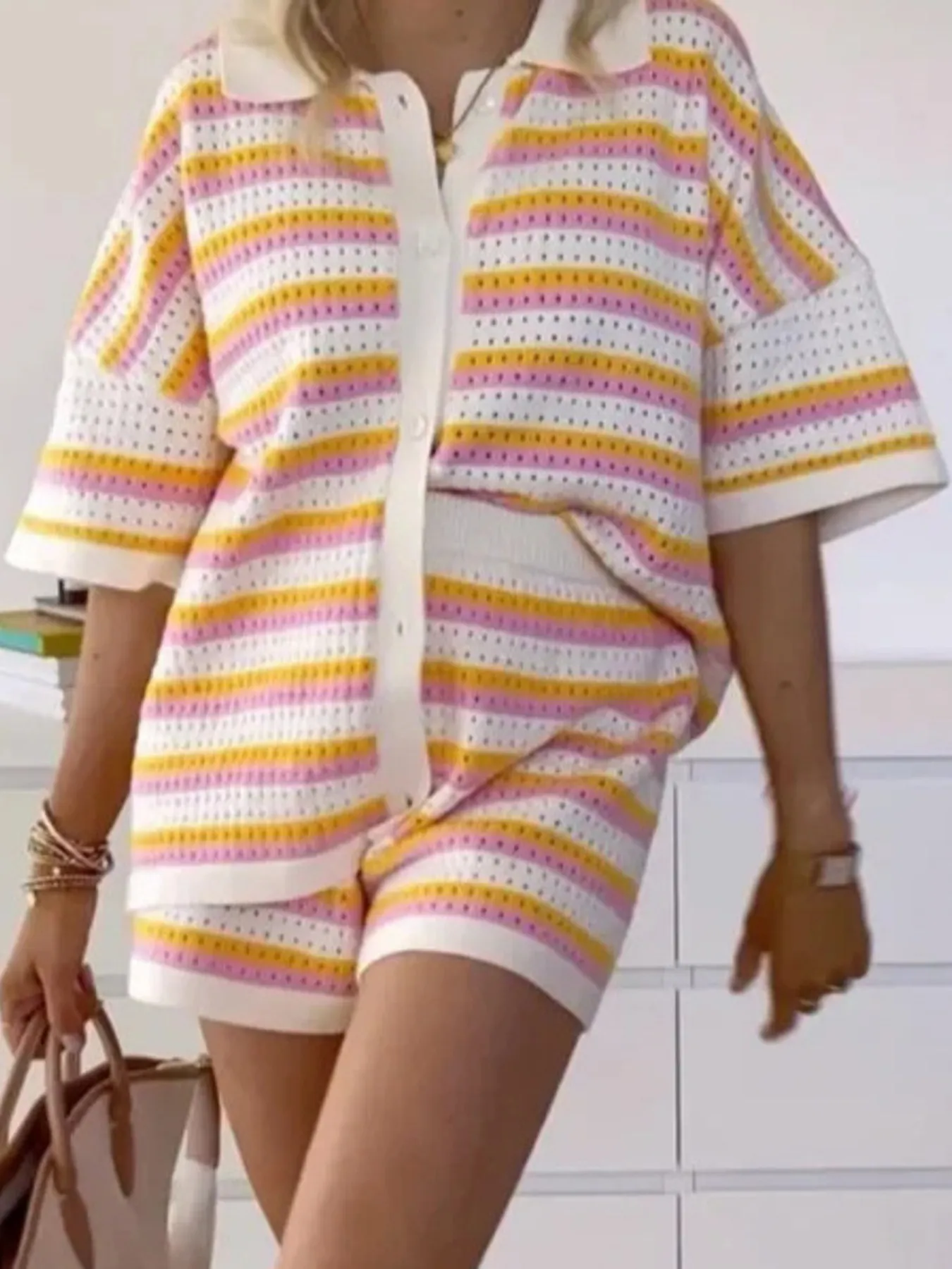 Striped Eyelet Button Up Shirt and Shorts Set - Image 3