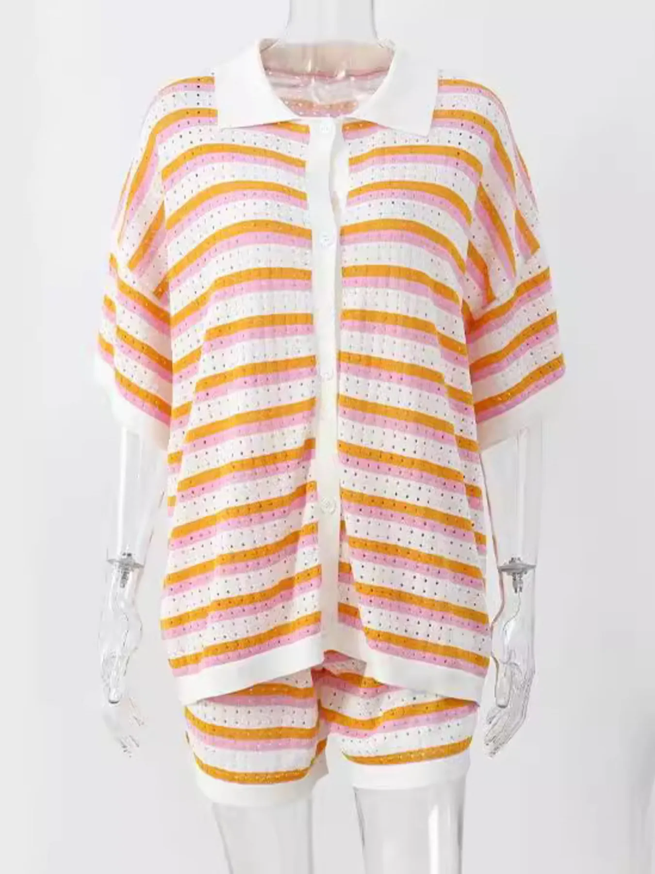 Striped Eyelet Button Up Shirt and Shorts Set - Image 5