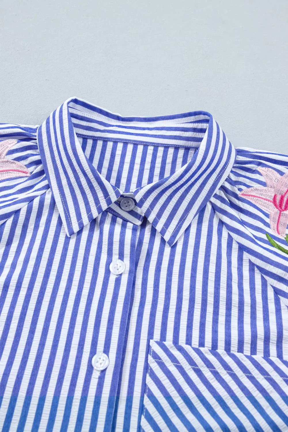Striped Floral Embroidered Puff Sleeve Button Down Shirt - Image 6