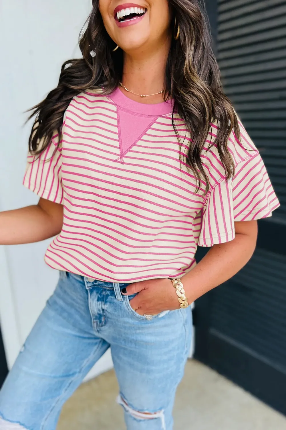 Striped Flounce Sleeve Casual Blouse - Image 2