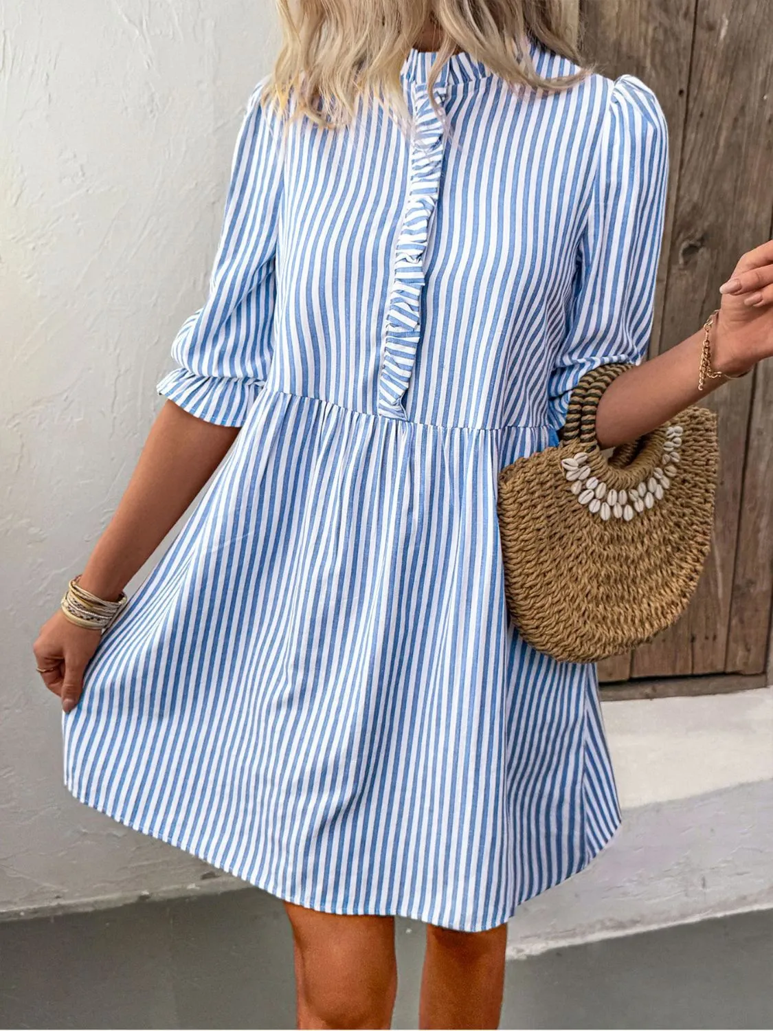 Striped Half Sleeve Mini Shirt Dress - Image 4