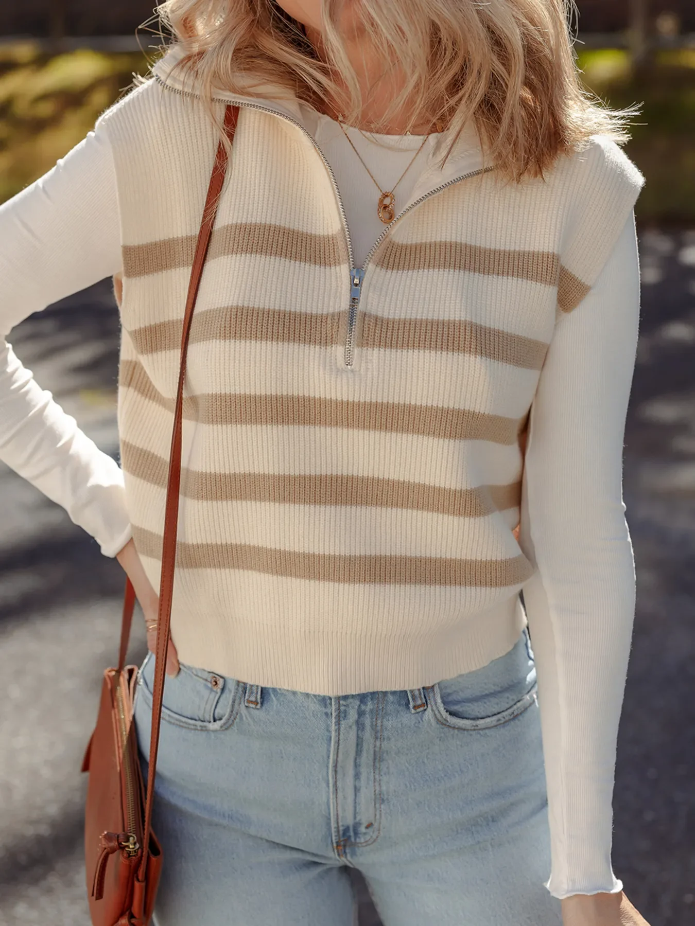 Striped Half-Zip Ribbed Knit Sweater Vest - Image 3