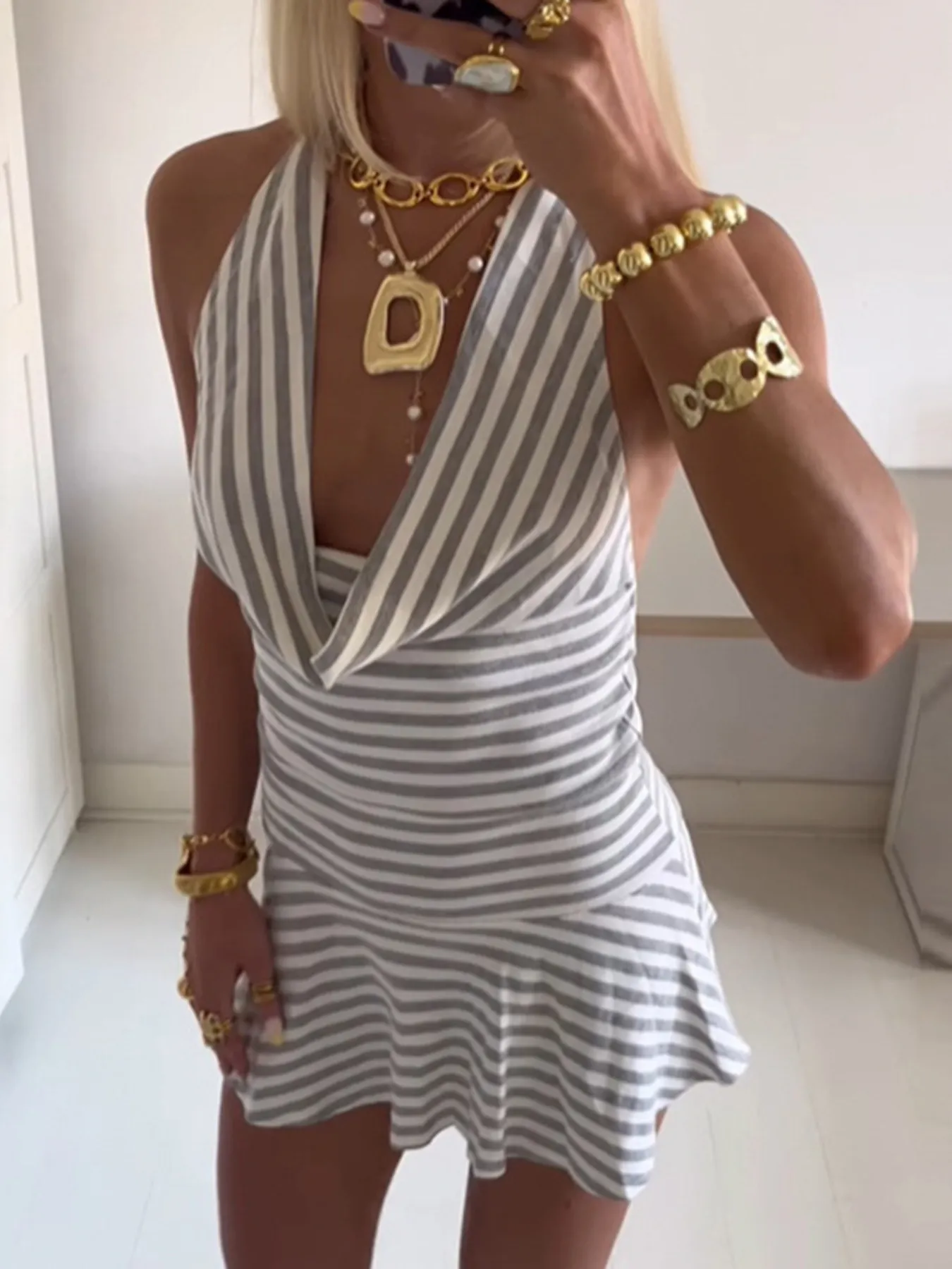 Striped Halter Neck Mini Dress - Image 7