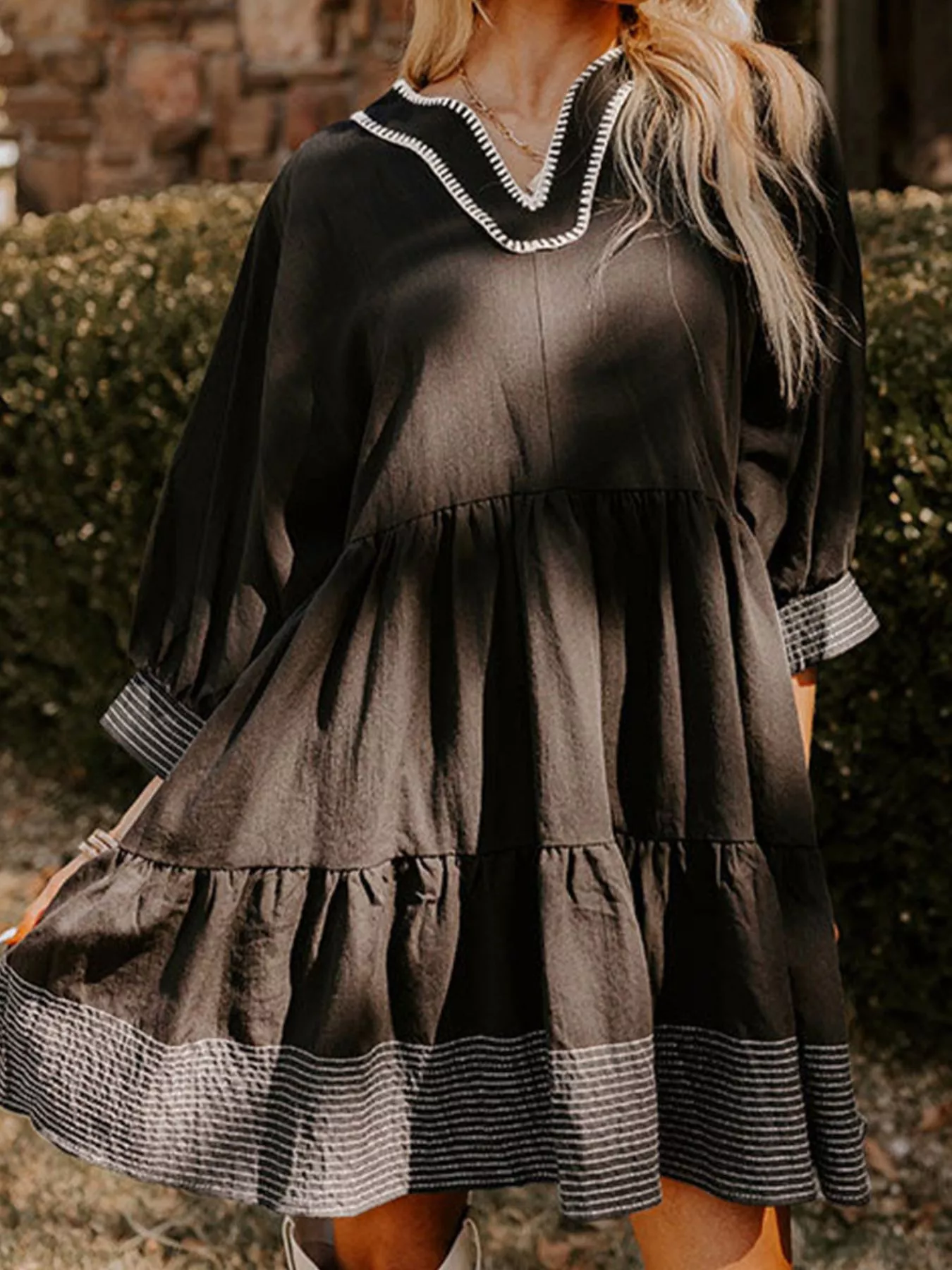 Striped Hem 3/4 Sleeve Tiered Dress - Image 6